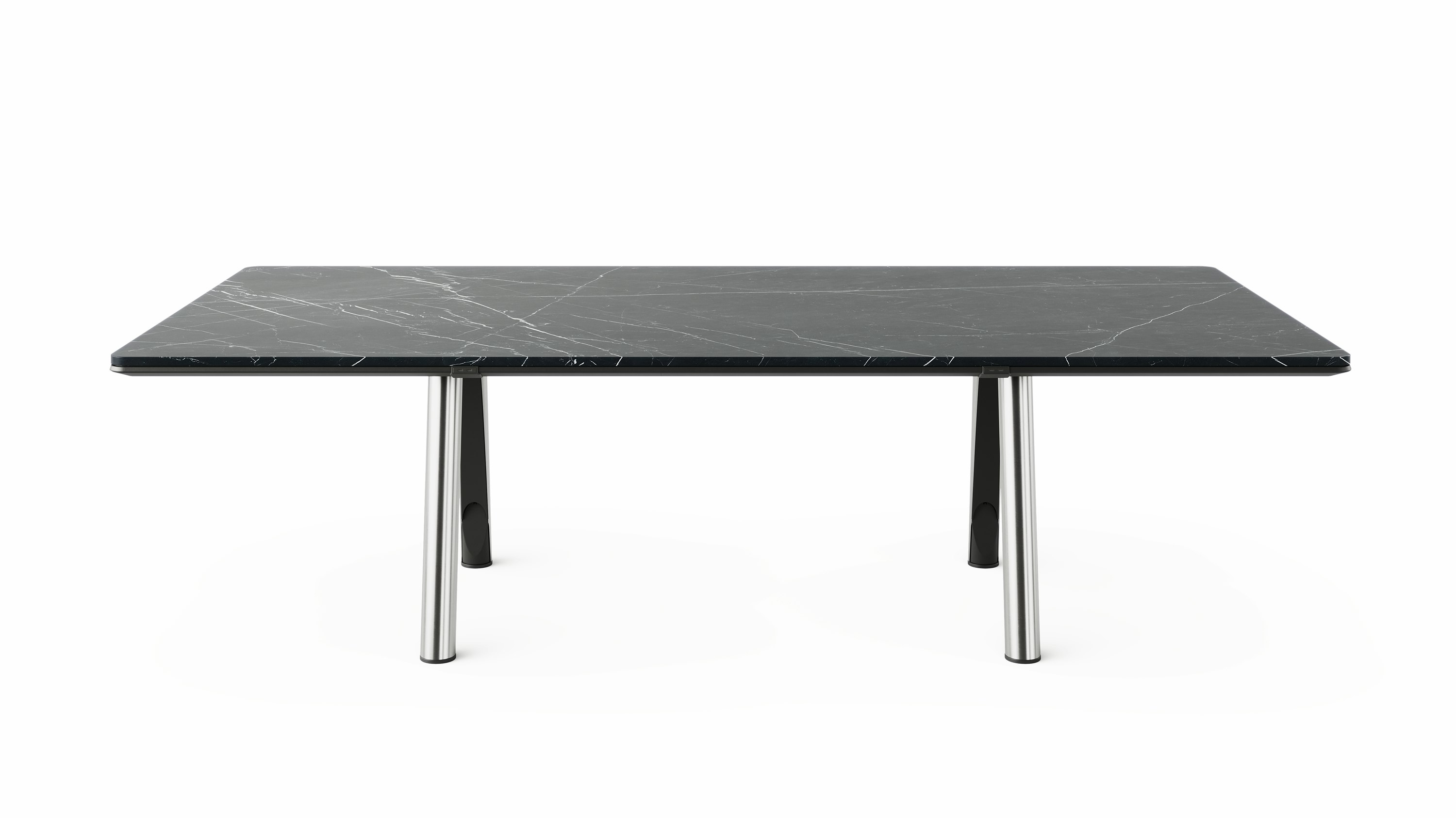Ascent Conference Table designed by EOOS in Nero Marquina marble with a chrome base shown front-facing on a white sweep.