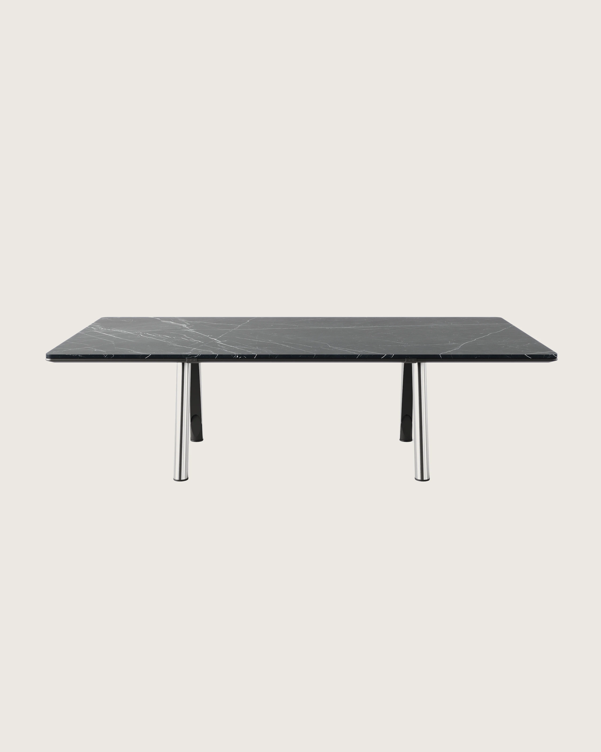 Ascent Conference Table designed by EOOS in Nero Marquina marble with a chrome base shown front-facing on a white sweep.