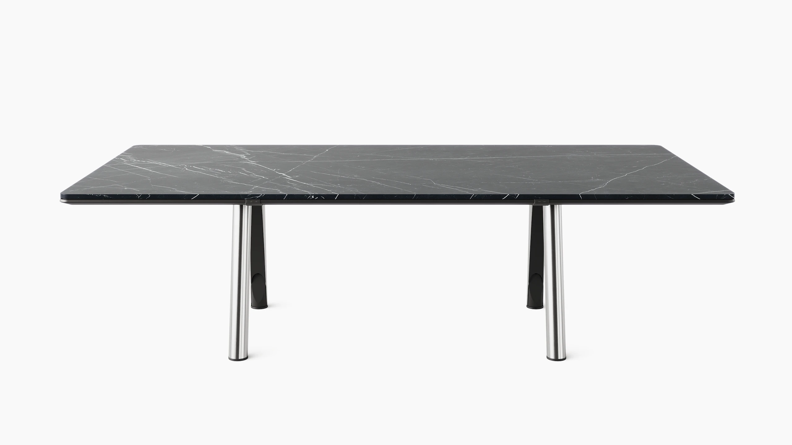 Ascent Conference Table designed by EOOS in Nero Marquina marble with a chrome base shown front-facing on a white sweep.