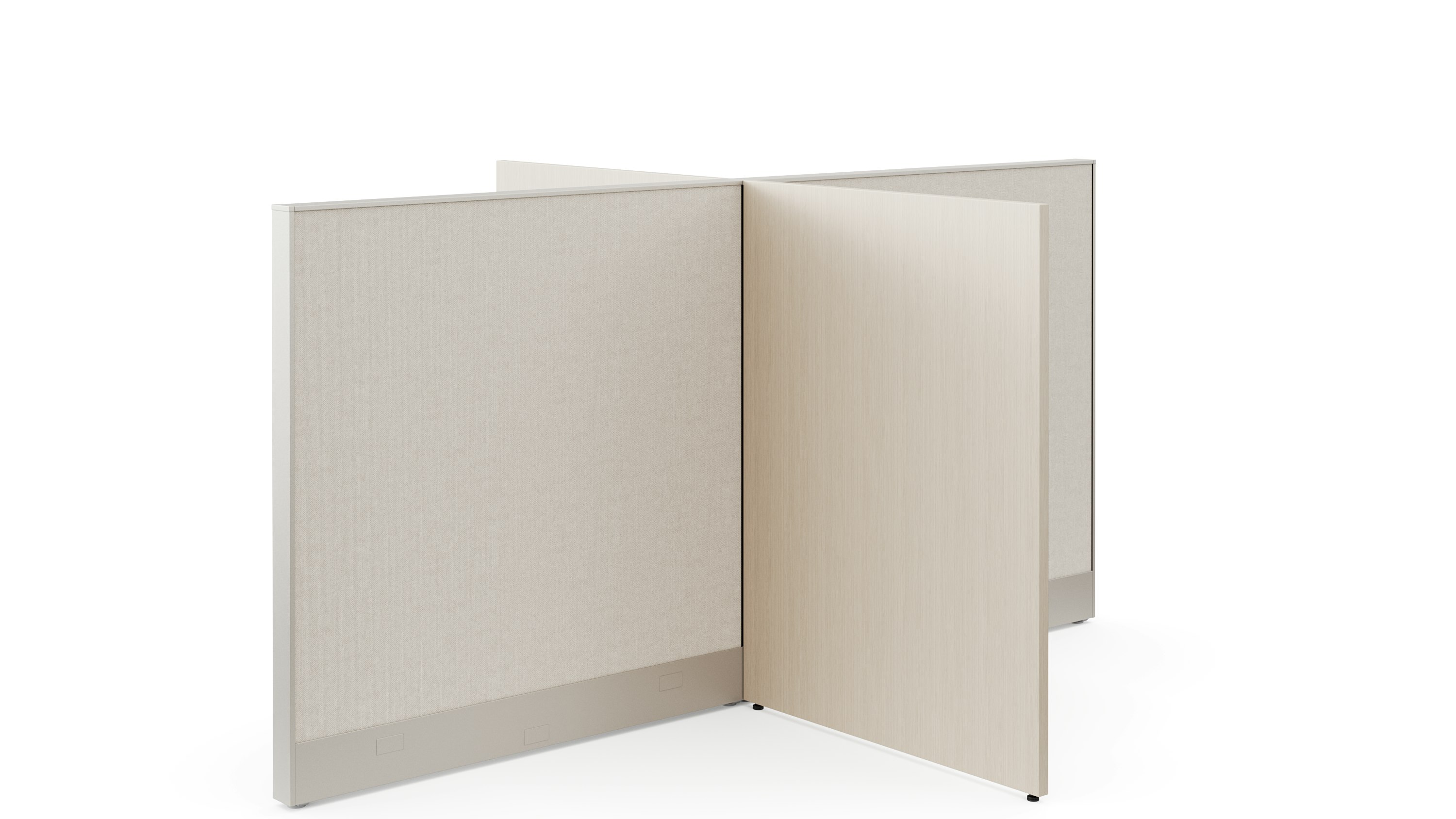A white sweep rendering shows a system panel joining perpendicular to a gallery panel.