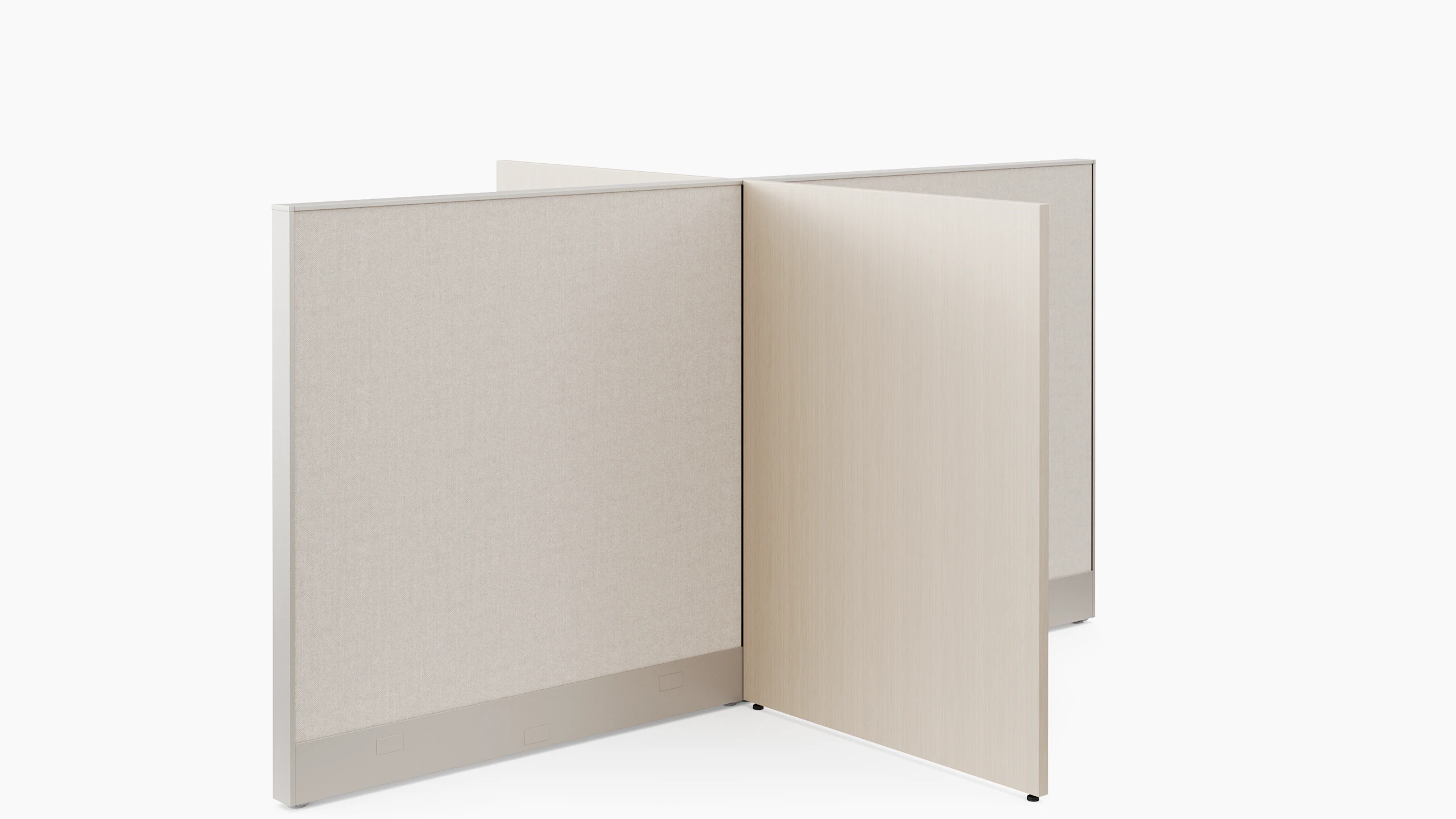 A white sweep rendering shows a system panel joining perpendicular to a gallery panel.