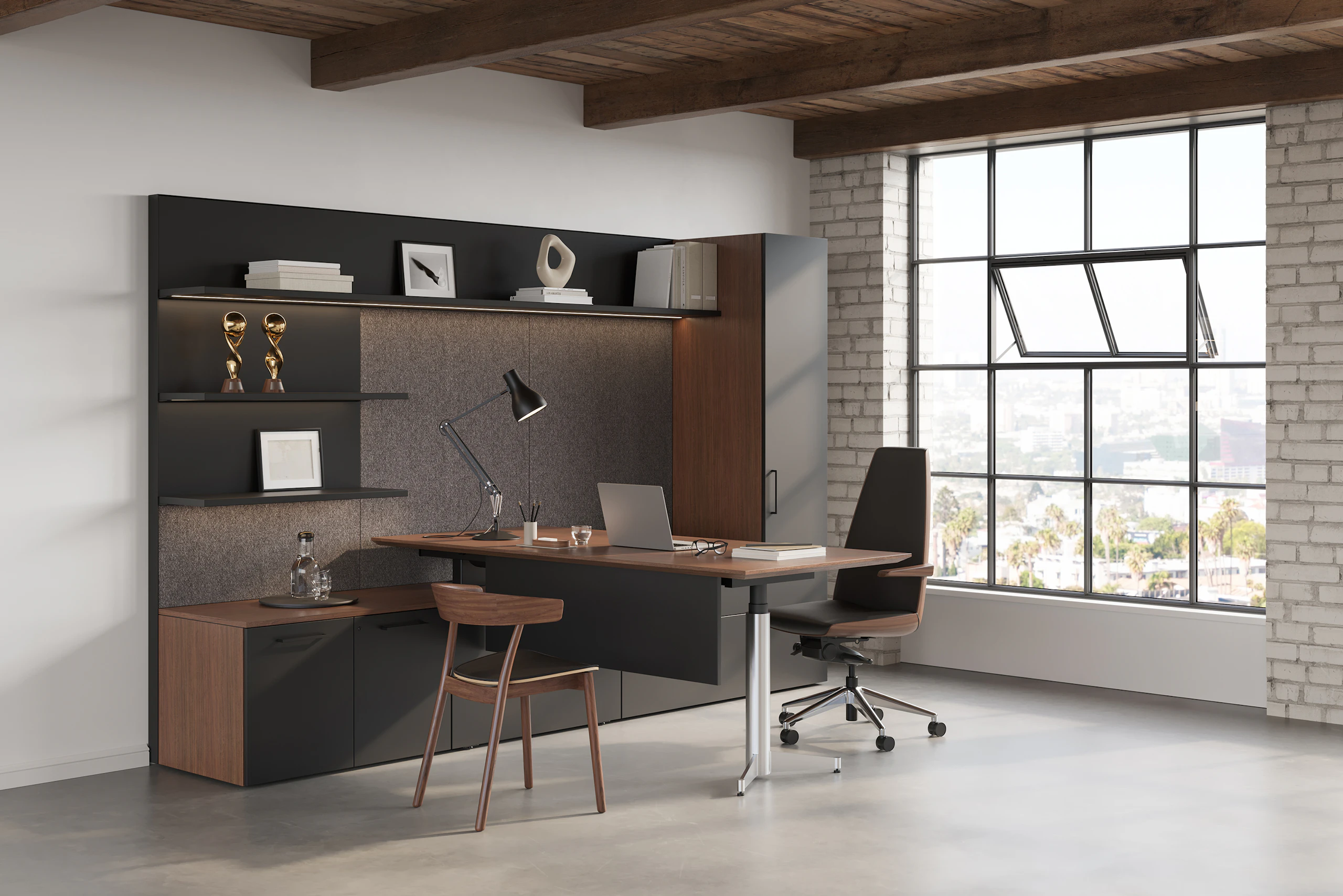 Geiger One Private Office in a loft setting in Walnut Recograin with Clamshell Office Chair and Leeway Guest Chair.