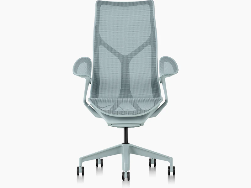 Cosm high back chair, front view, light blue