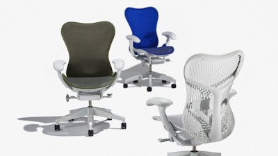 Three Mirra 2 Chairs by Herman Miller, each with a different color back: alpine, olive, and ultramarine.