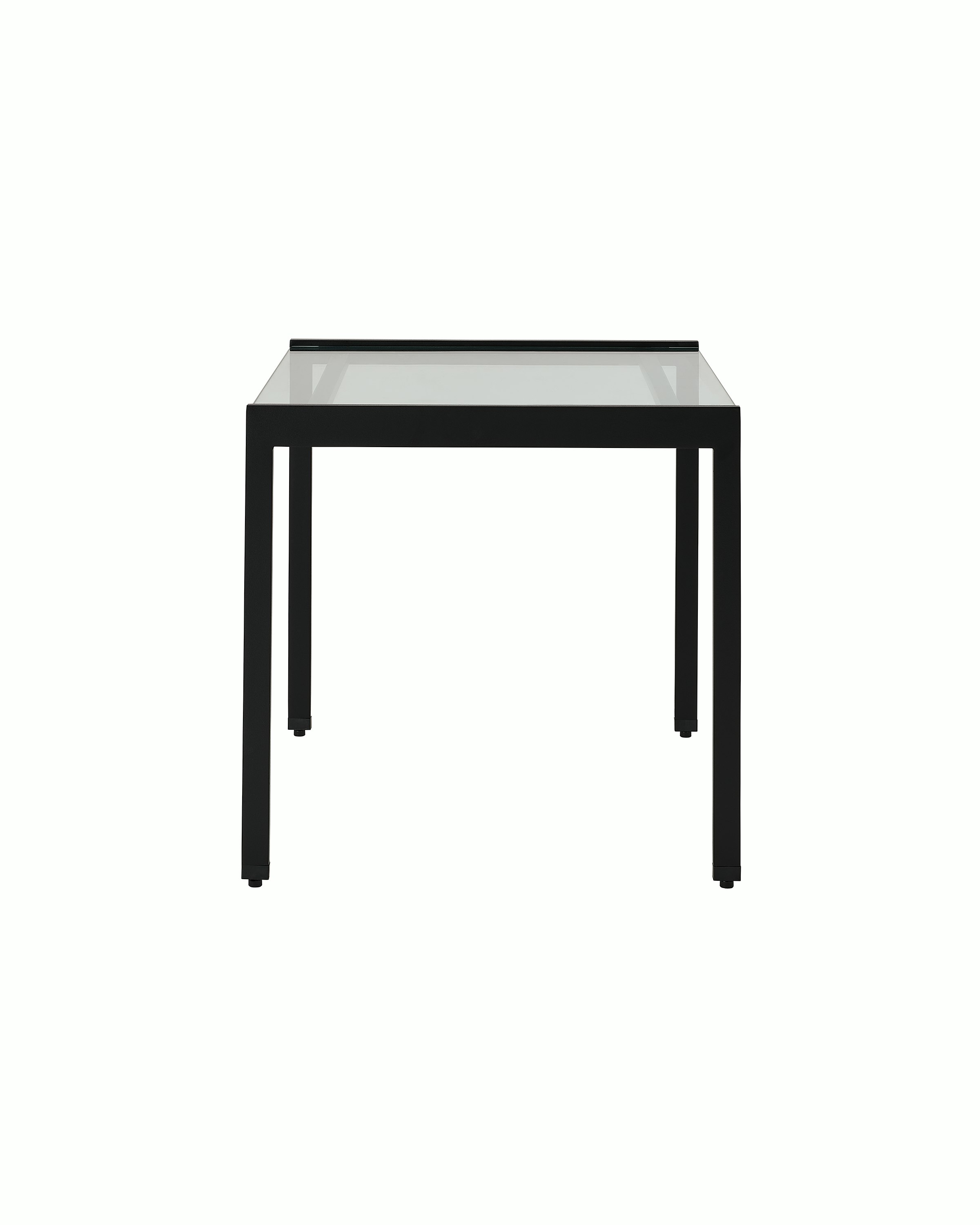 H Frame Side Table designed by Ward Bennett with a black base and a clear glass top, shown front-facing on a white sweep.