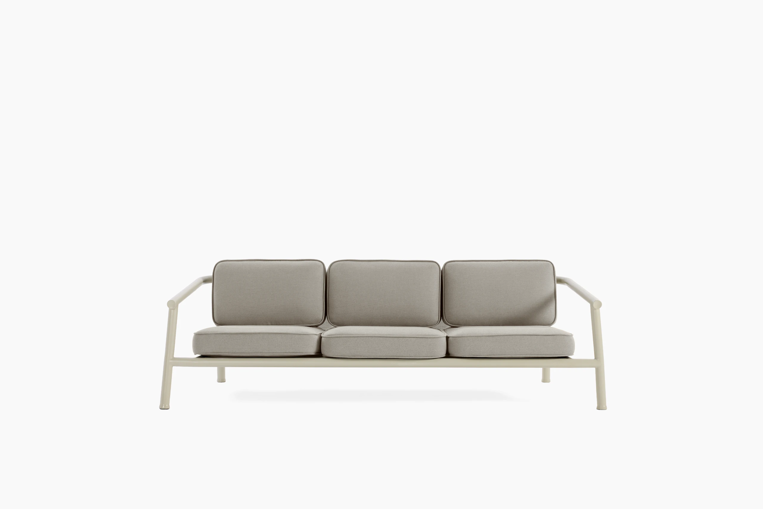 A Campus Outdoor Sofa in Pebble Grey viewed from the front.