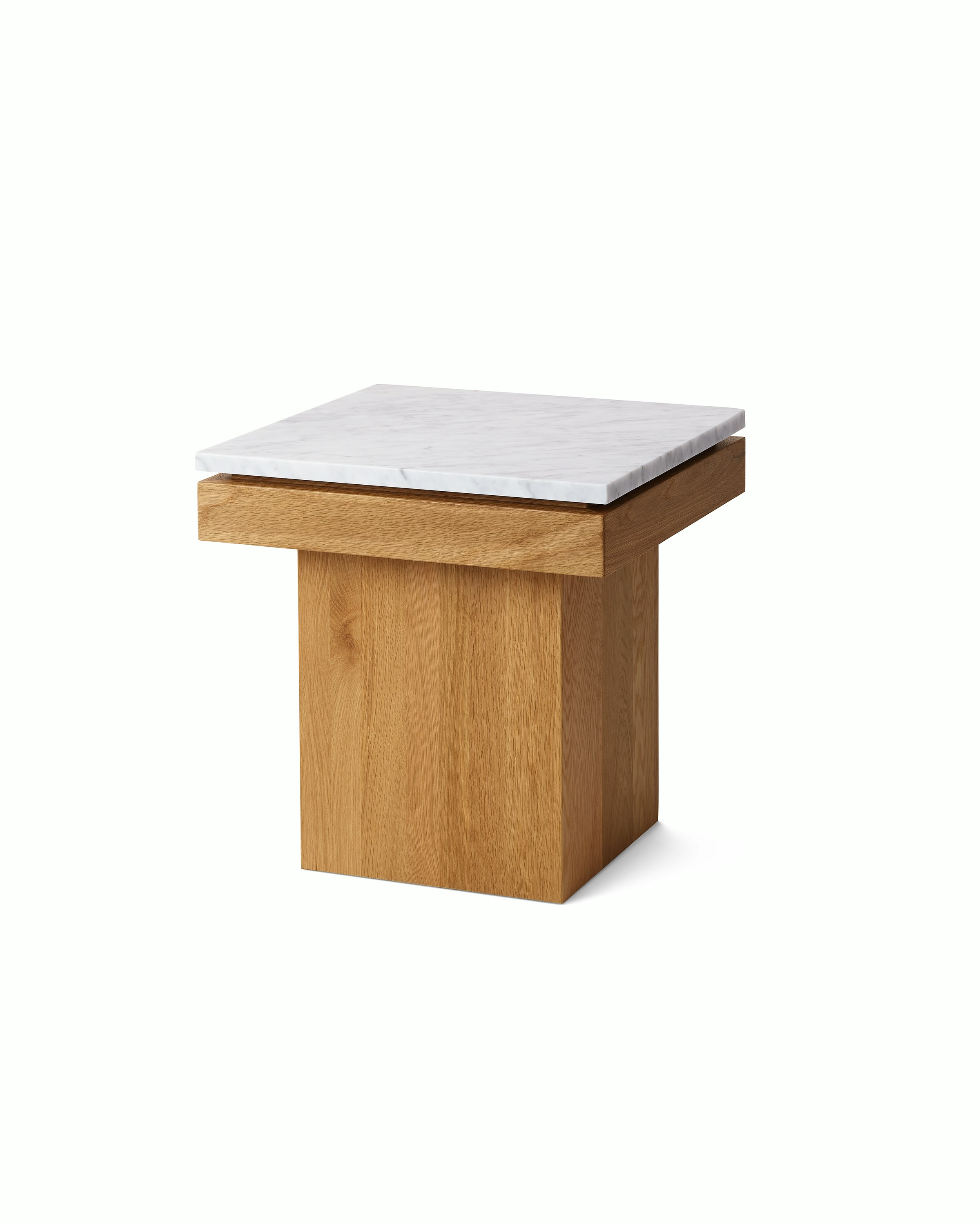 Pawson Drift Side Table with white oak base and white marble top, viewed from an angle.