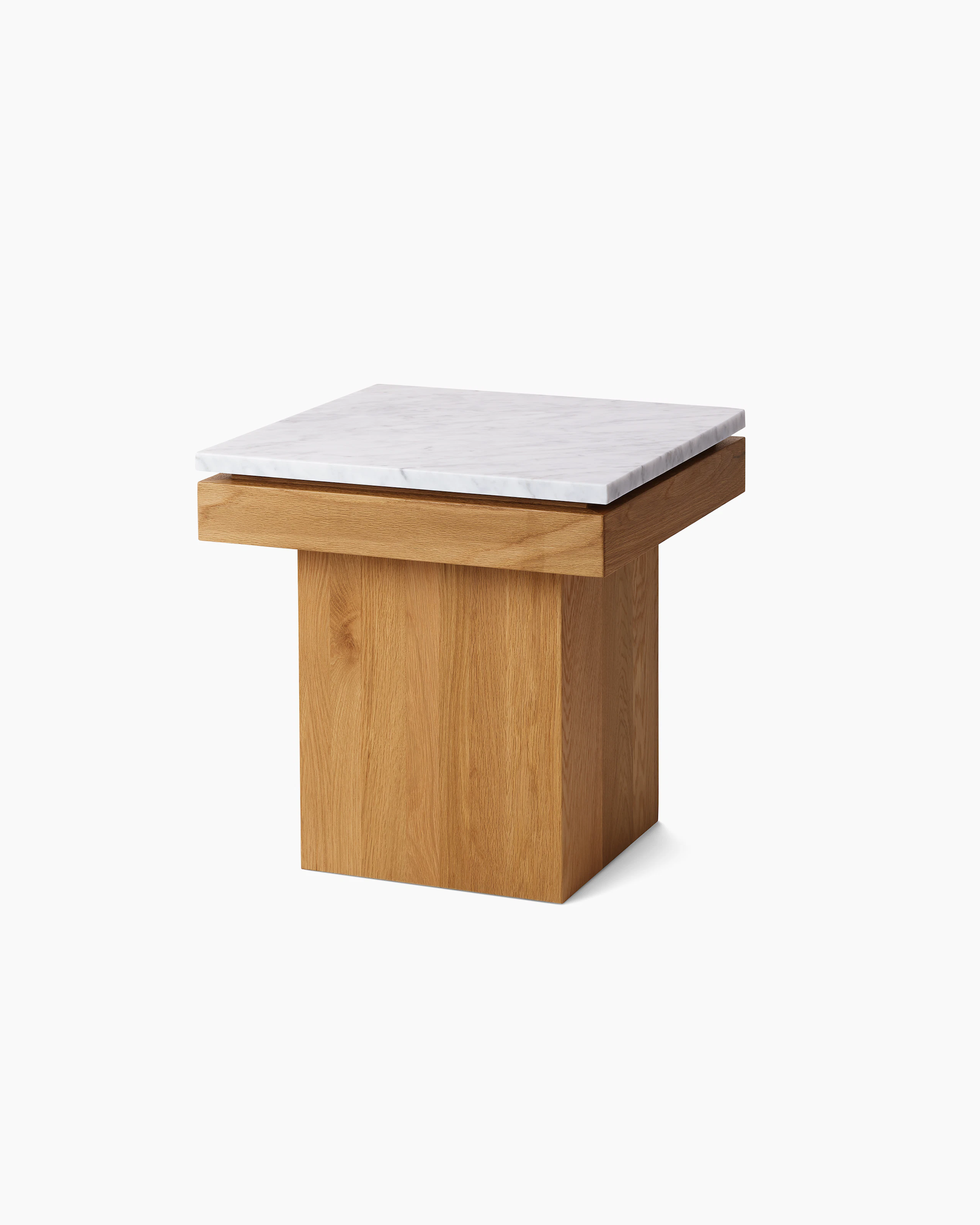 Pawson Drift Side Table with white oak base and white marble top, viewed from an angle.