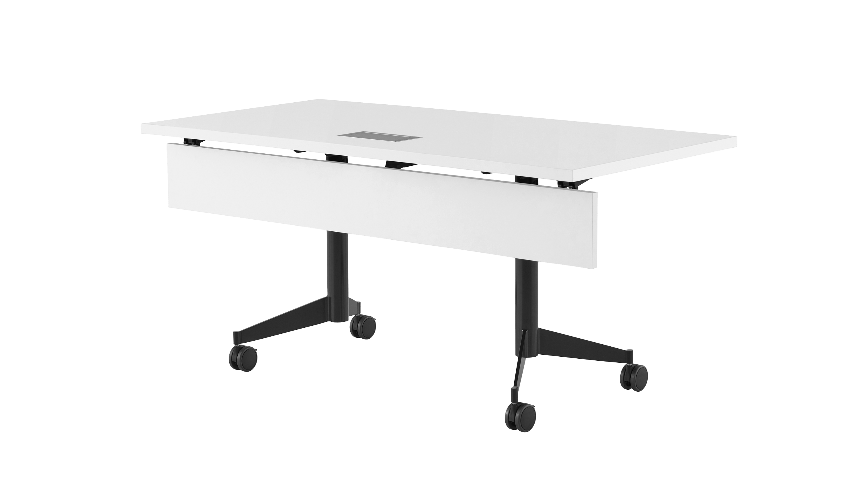 A rectangular MP Flex Table with a white laminate top and black base, viewed at an angle.
