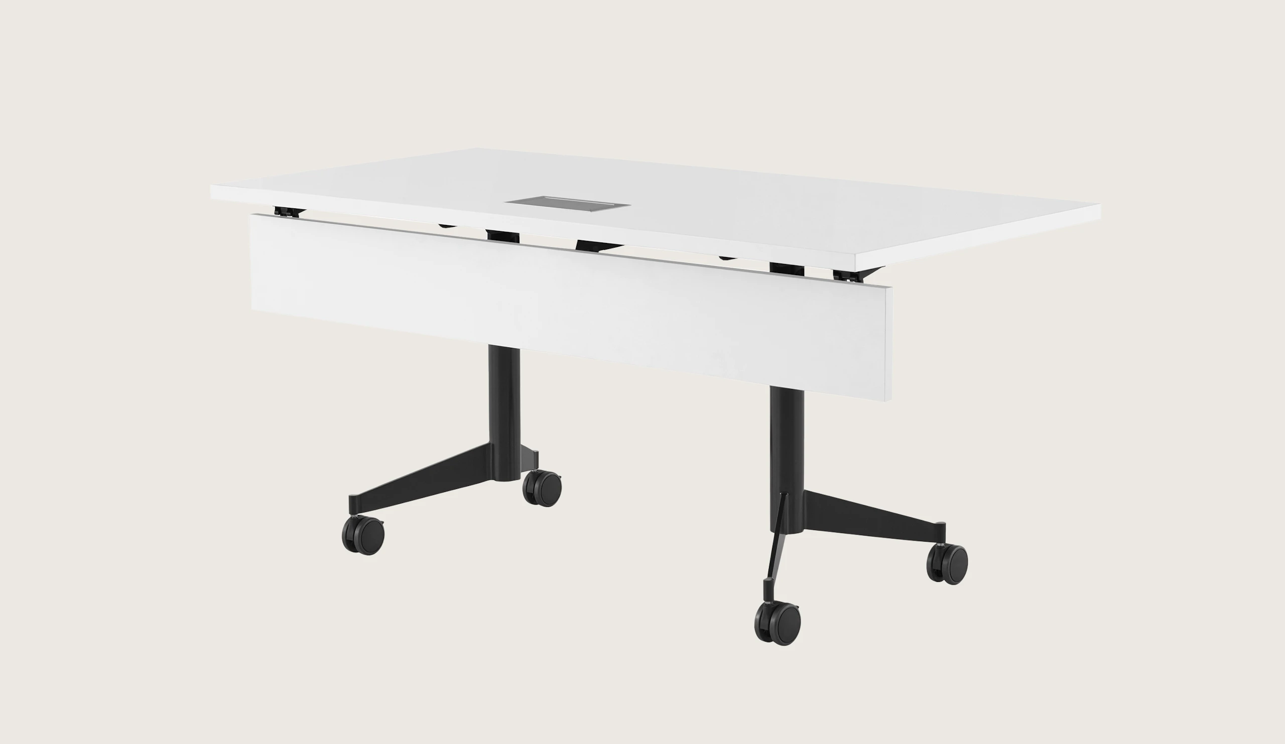 A rectangular MP Flex Table with a white laminate top and black base, viewed at an angle.