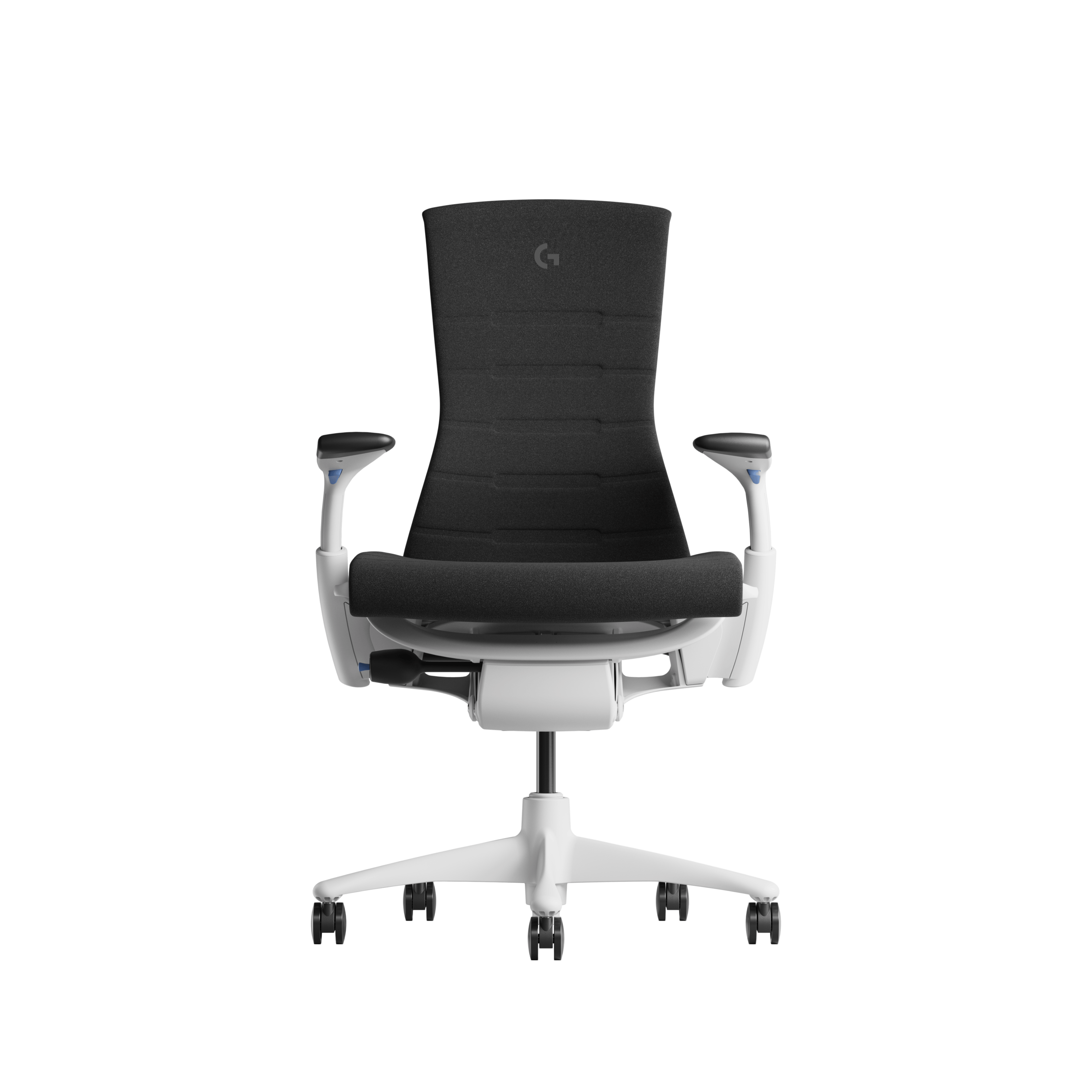 Embody Gaming Chair in White, Black and Cyan viewed from the front