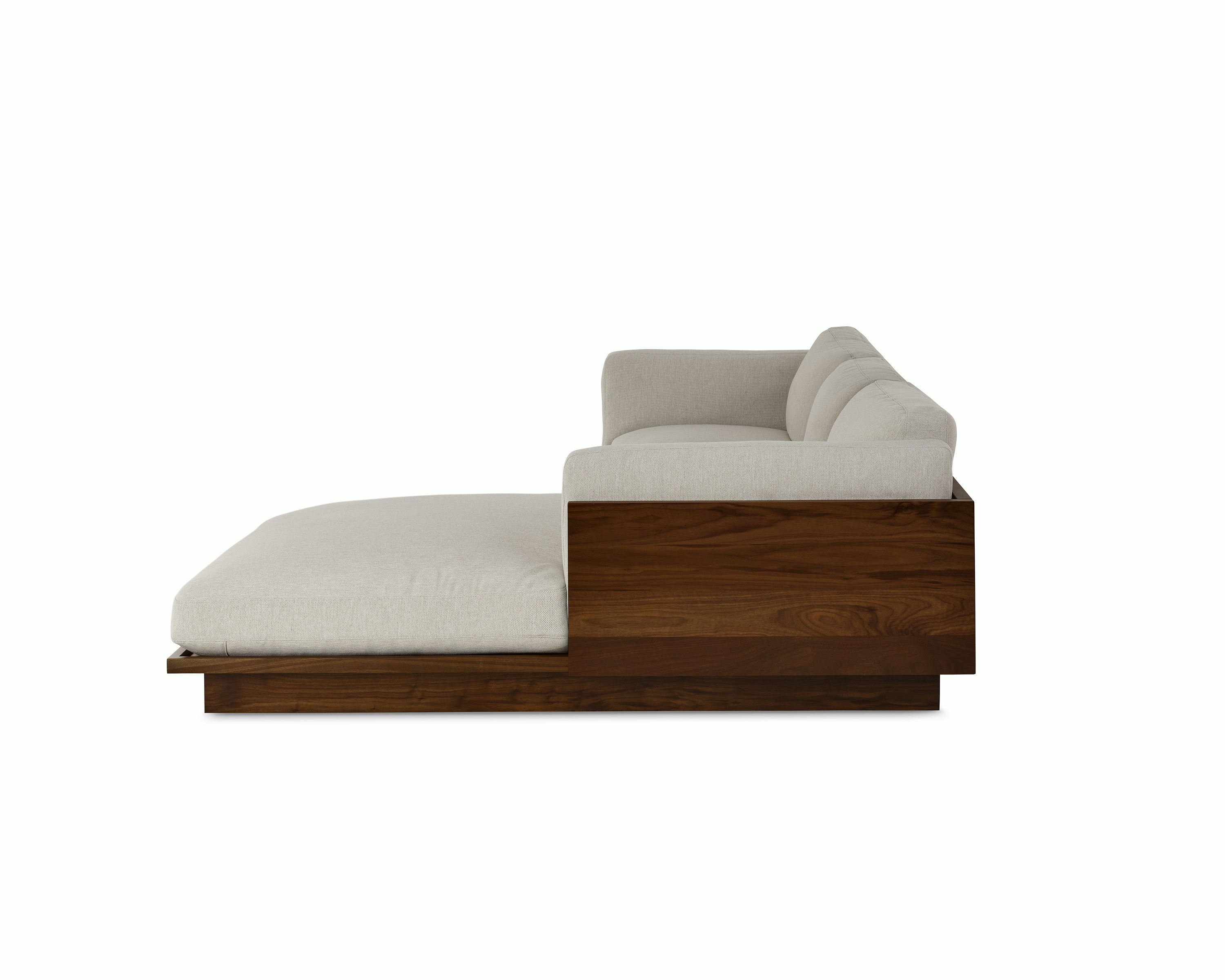 Pawson Drift Sectional in walnut and grey cushions (Mode Clavicle)