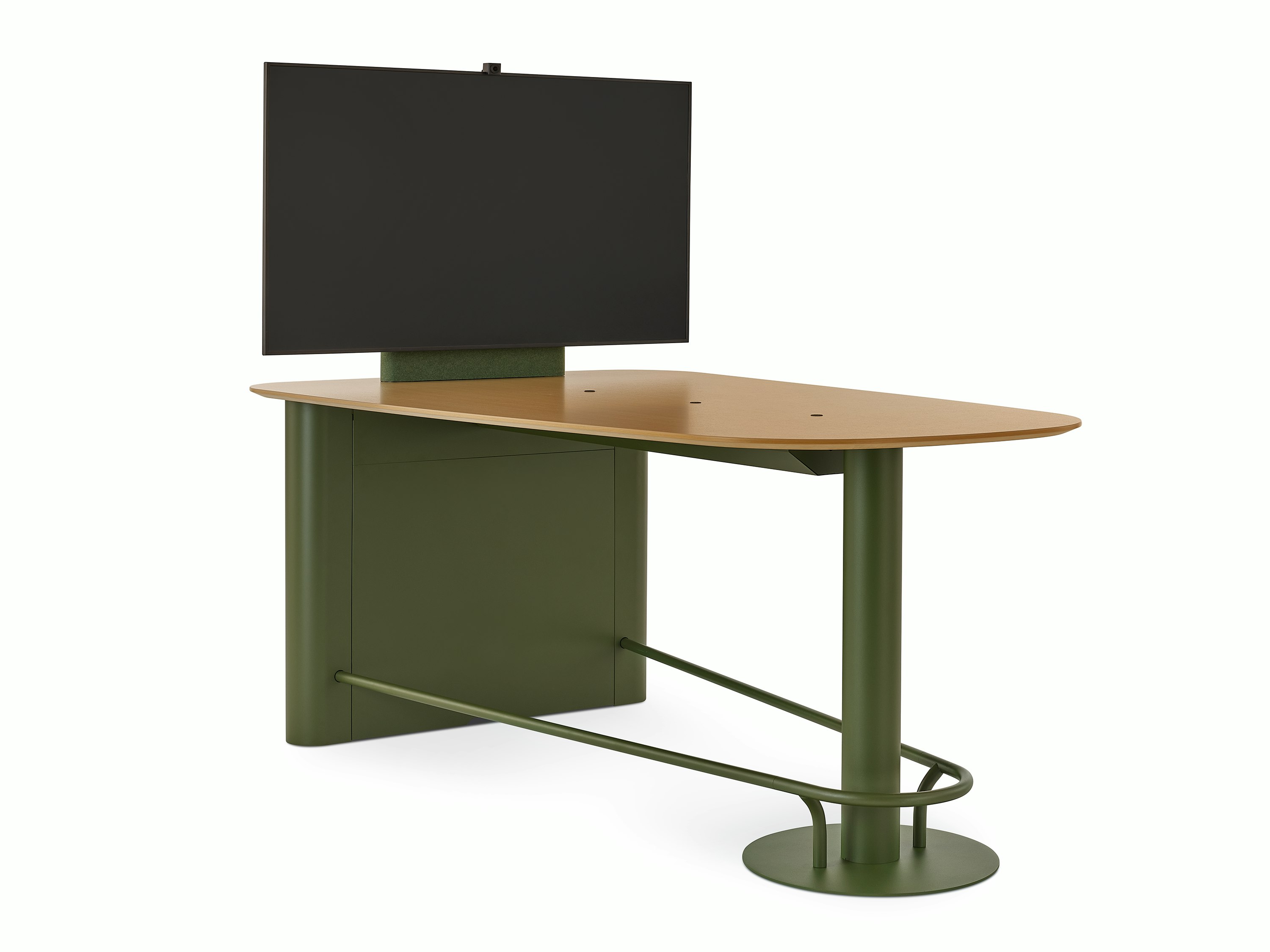 Headway Huddle Table with mounted monitor, footrest, and surface embedded Ello Micro Vine usb-c power.