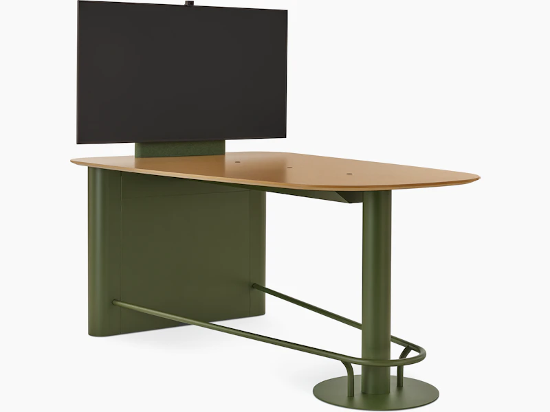 Headway Huddle Table with mounted monitor, footrest, and surface embedded Ello Micro Vine usb-c power.
