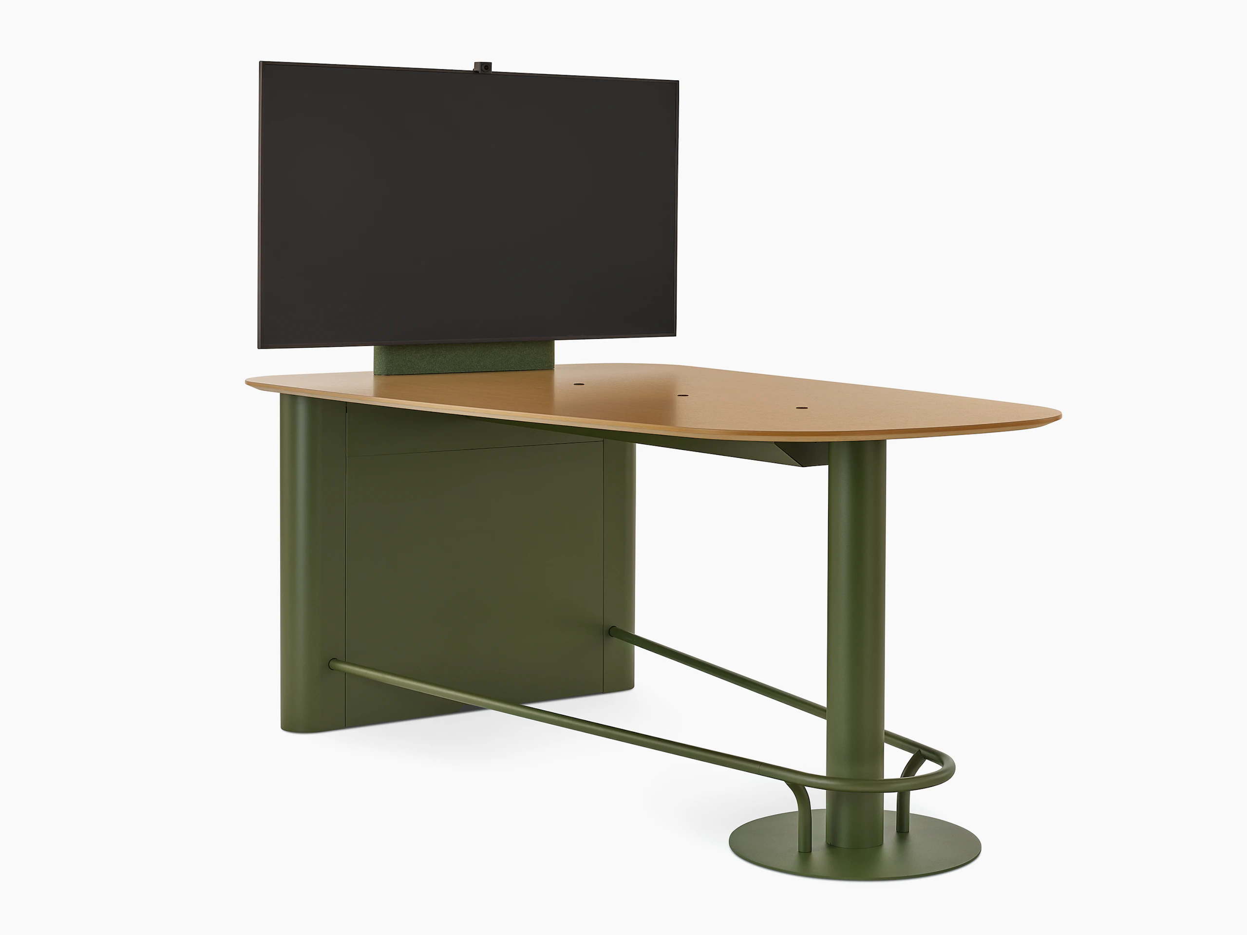 Headway Huddle Table with mounted monitor, footrest, and surface embedded Ello Micro Vine usb-c power.