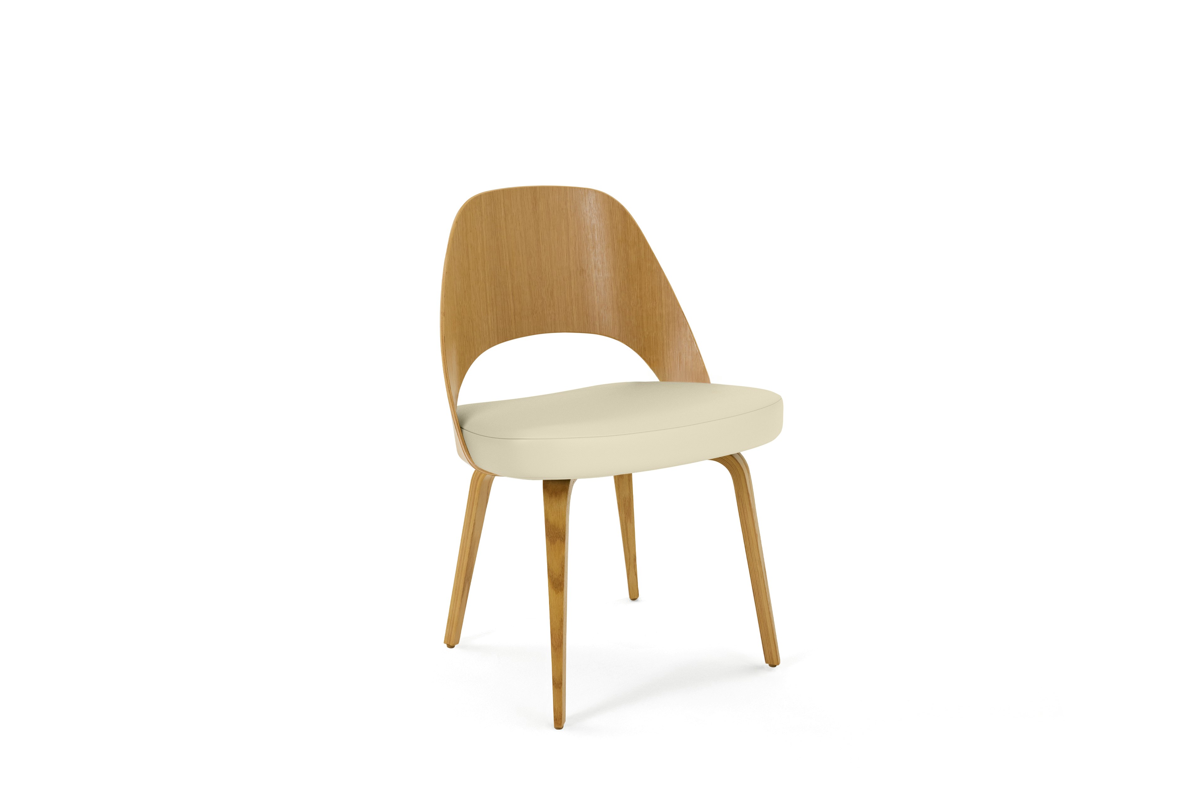 A Saarinen Executive Veneer Back Side Chair in acqua leather ivory light oak viewed from an angle.