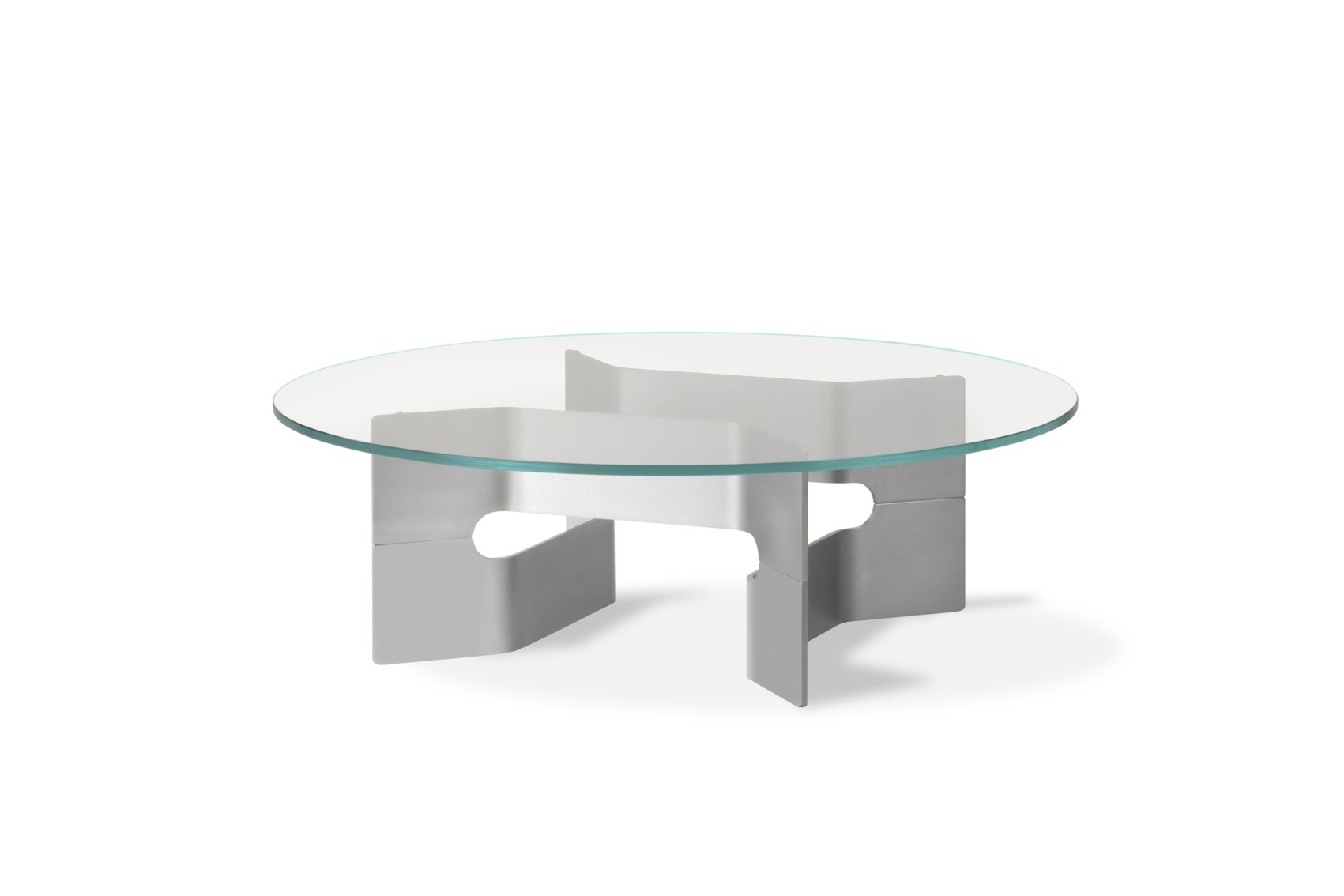 A JG Coffee Table - Brushed Aluminum viewed from an angle.