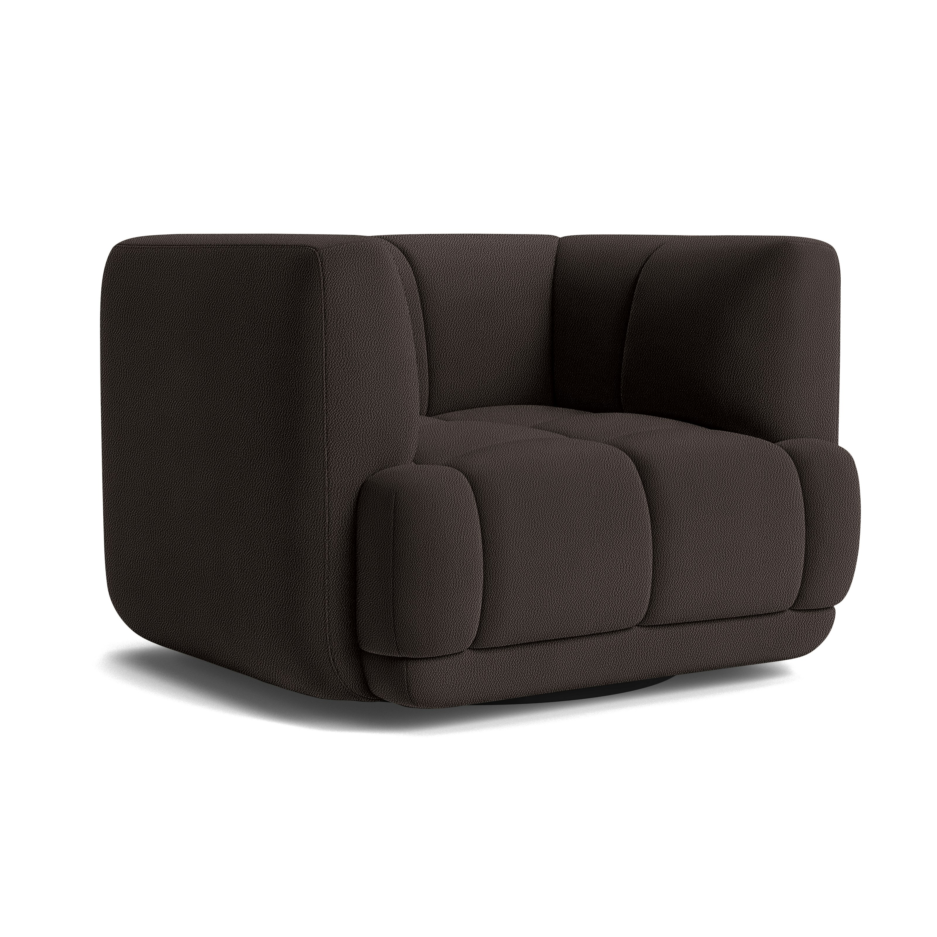 A Quilton Swivel Chair - Turf, Dark Brown in Turf viewed from an angle.