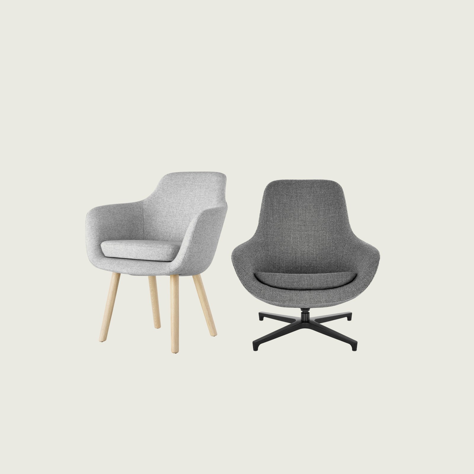 Angled view of a Saiba Side Chair with light gray upholstery and wood legs in a light finish.