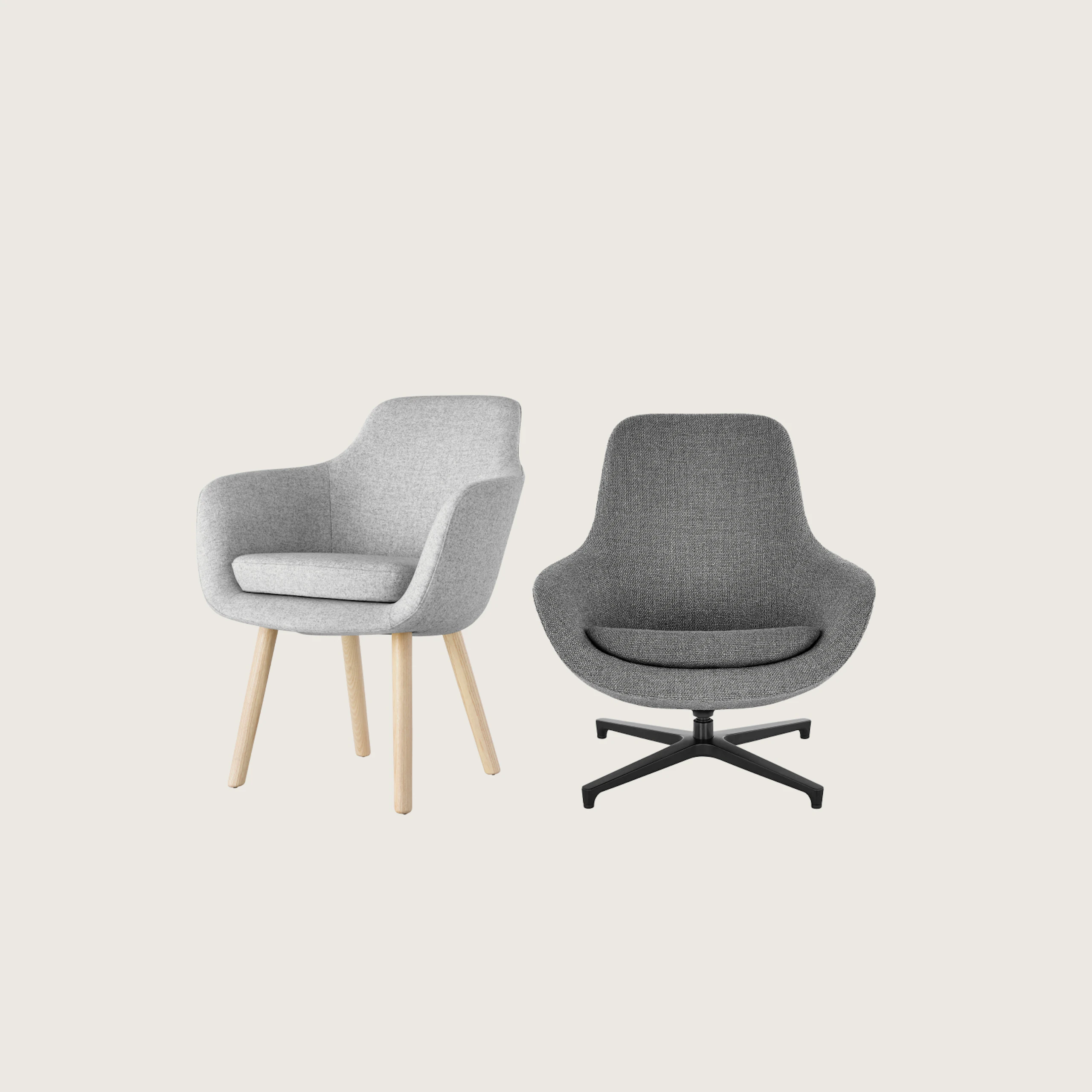 Angled view of a Saiba Side Chair with light gray upholstery and wood legs in a light finish.