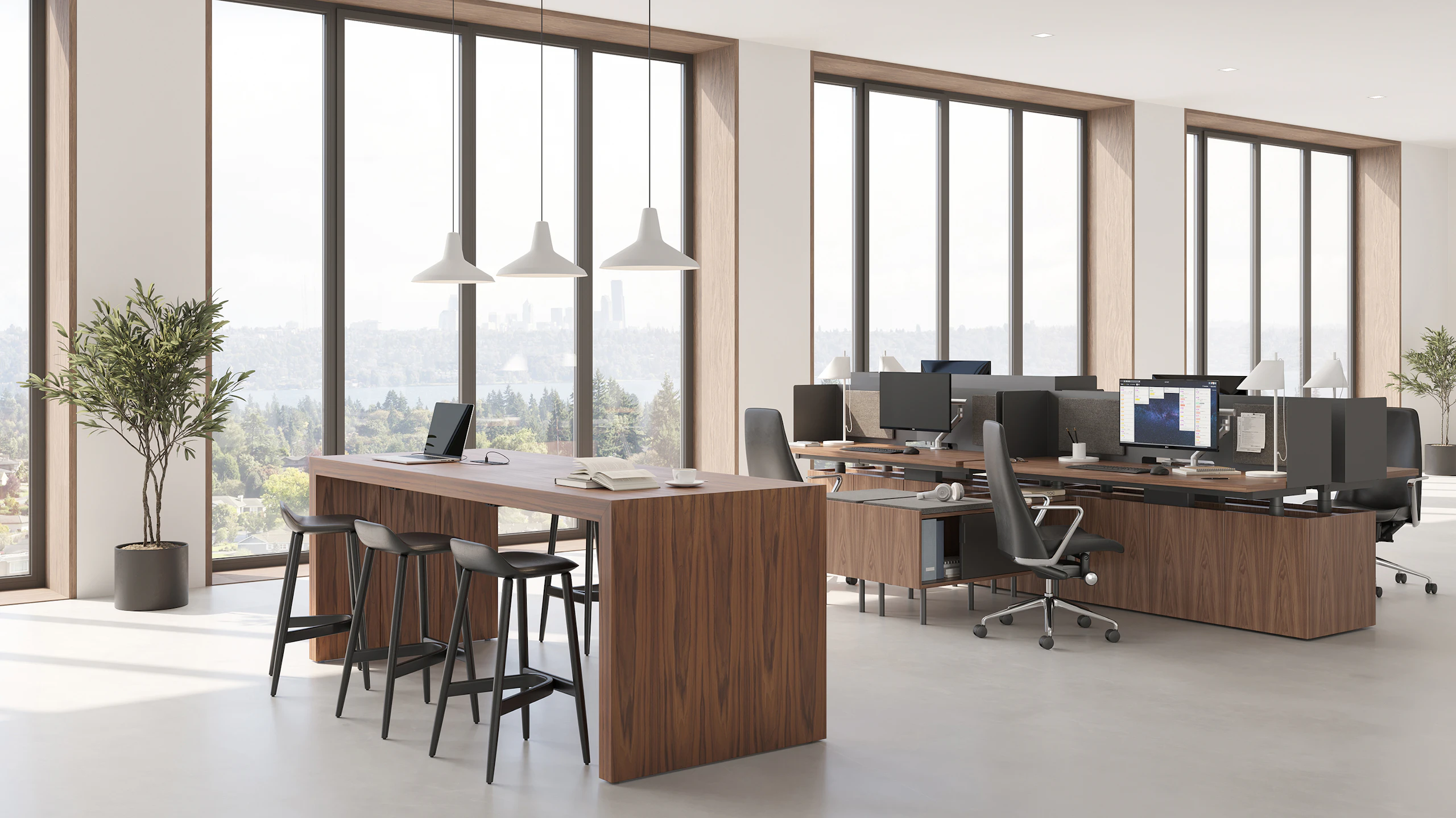 JD Waterfall Table in Walnut workstation and meeting station alongside Geiger One Open Plan workstations with Crosshatch Stools and Taper Chairs.
