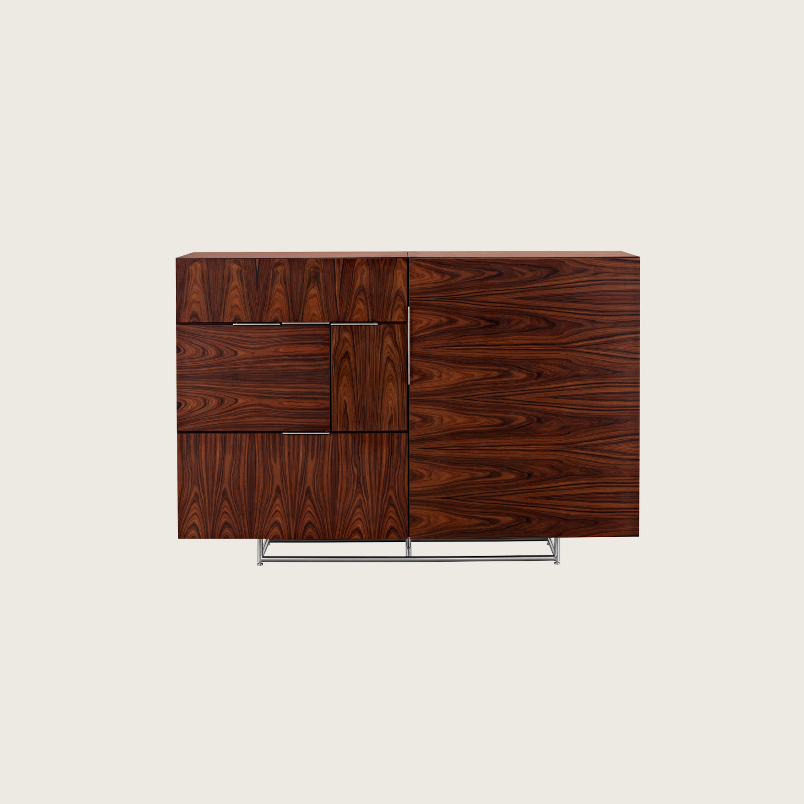 A Domino Storage sideboard with a dark wood finish and a mix of grain direction, viewed from the front.