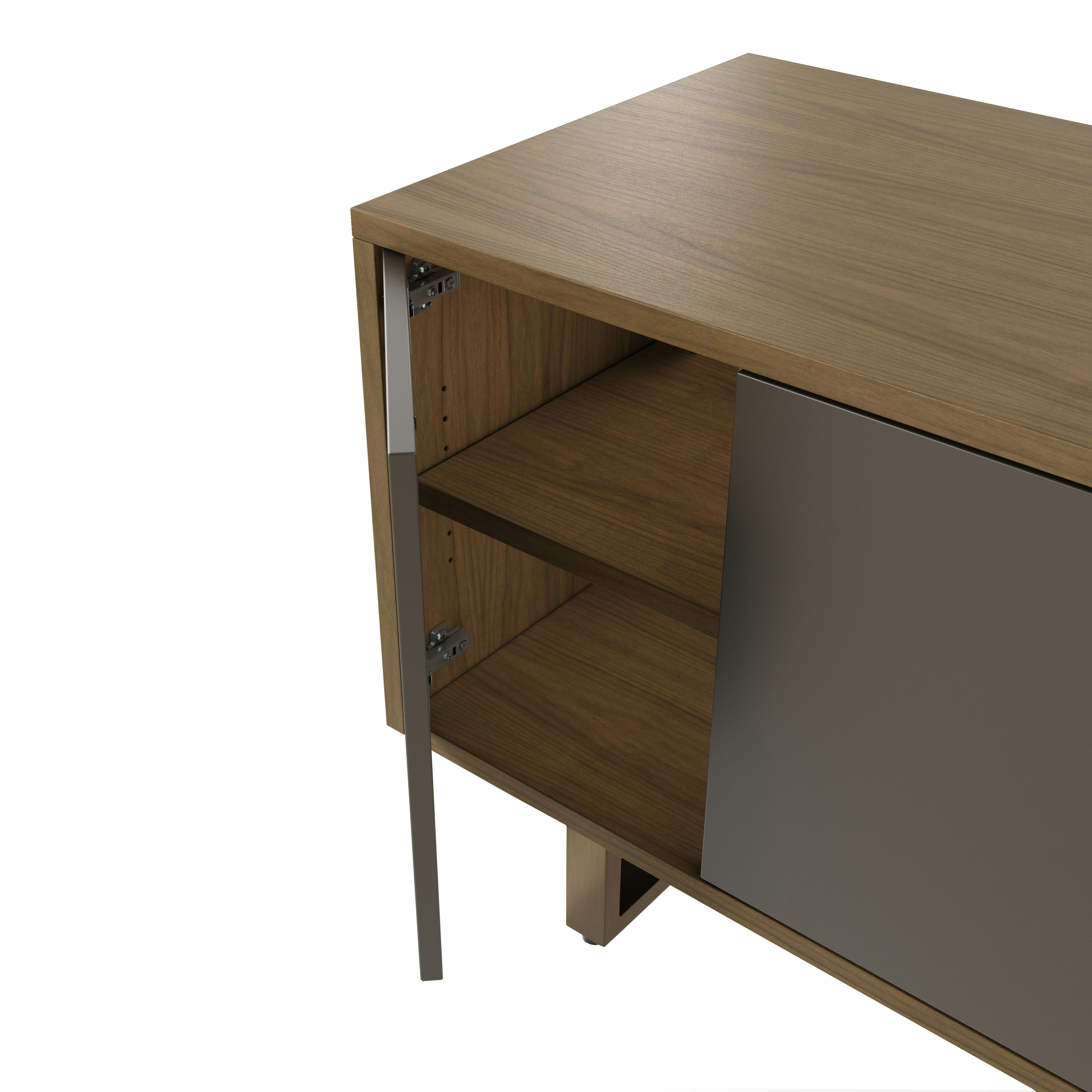 Detail shot of open hinged door on Highline Twenty Five Credenza in Natural Flat Cut Walnut with Grey painted front and Oil Rubbed Bronze base.