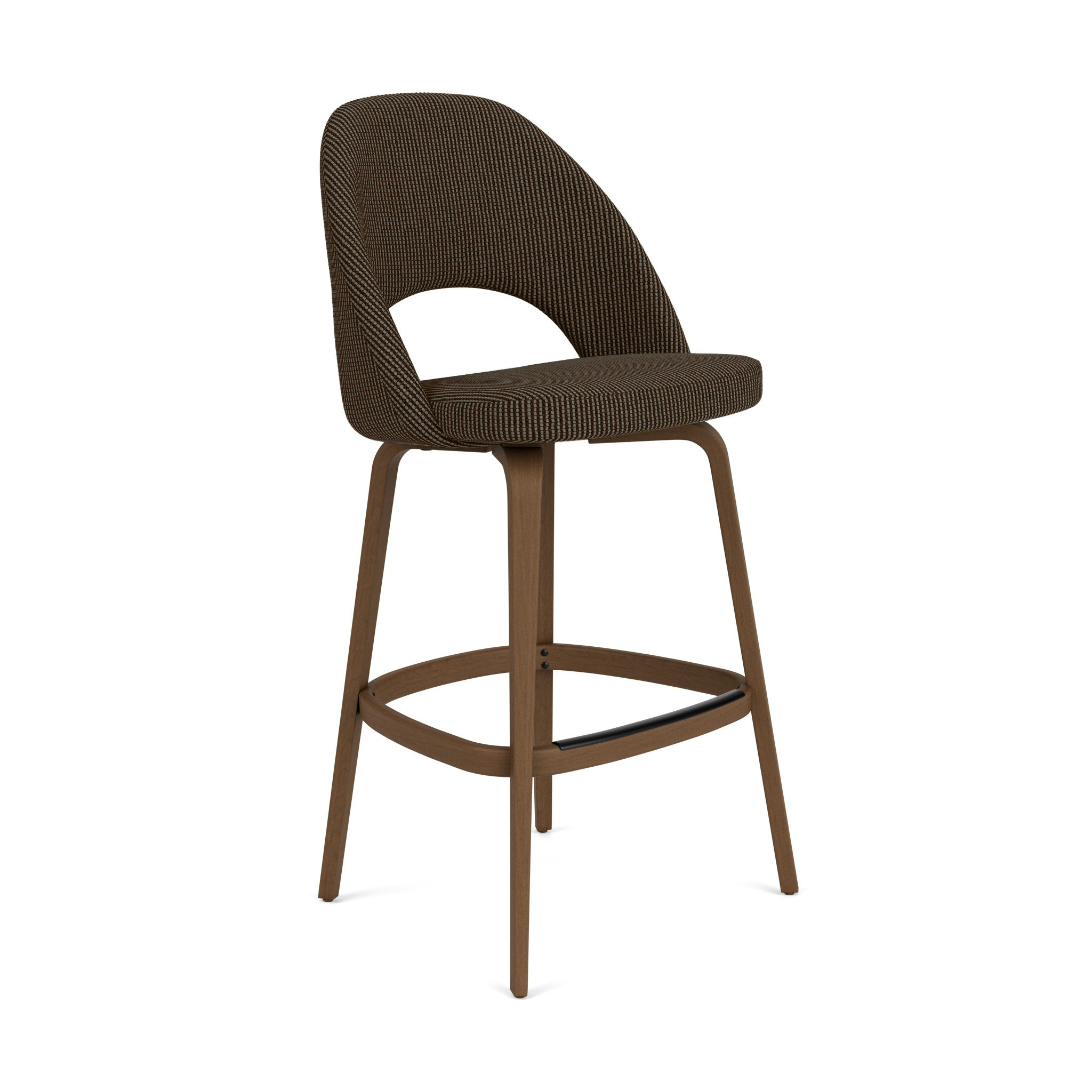 A Saarinen Executive Stool in Cato: Carob with a Light Walnut base viewed from an angle.