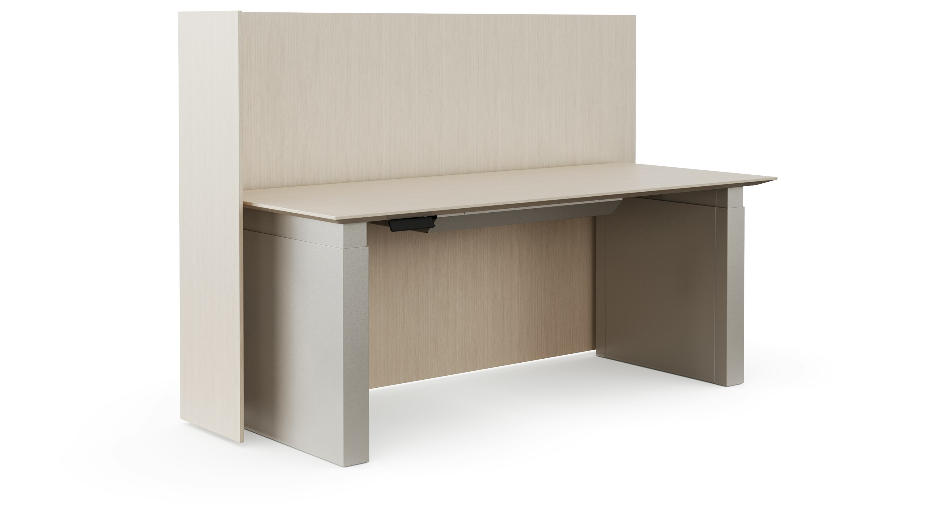 White sweep rendering of a height adjustable table viewed from an angle with a floor standing privacy screen surrounding it.