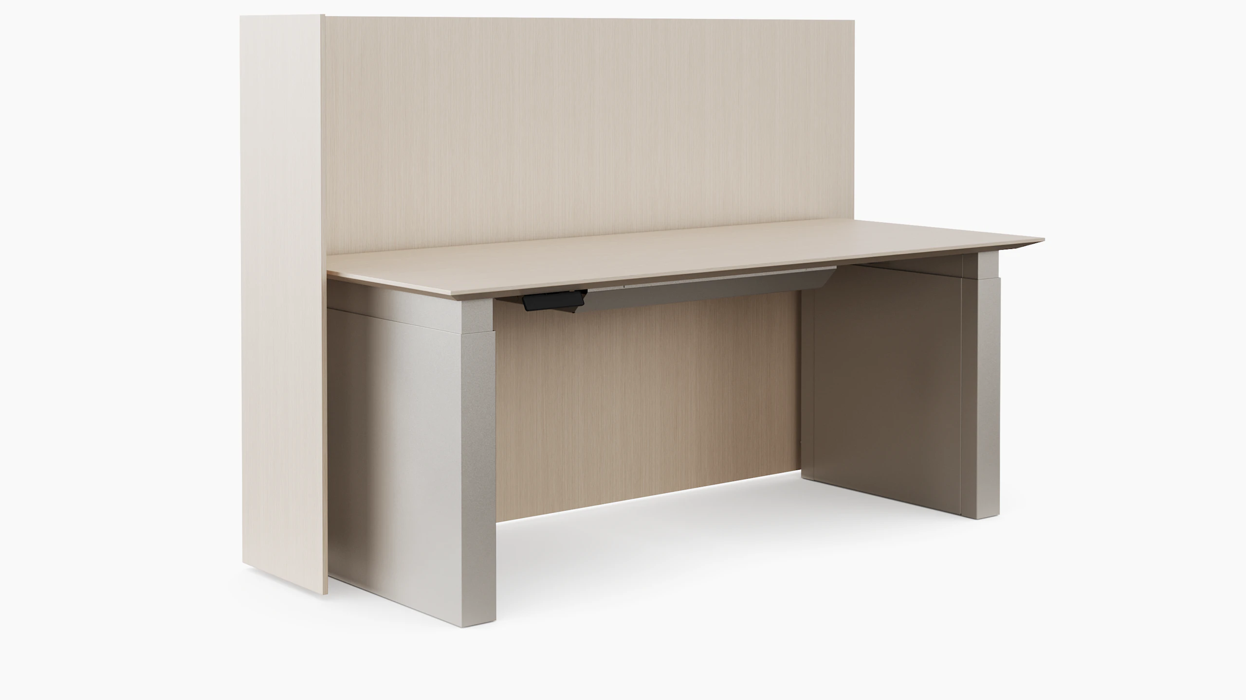 White sweep rendering of a height adjustable table viewed from an angle with a floor standing privacy screen surrounding it.