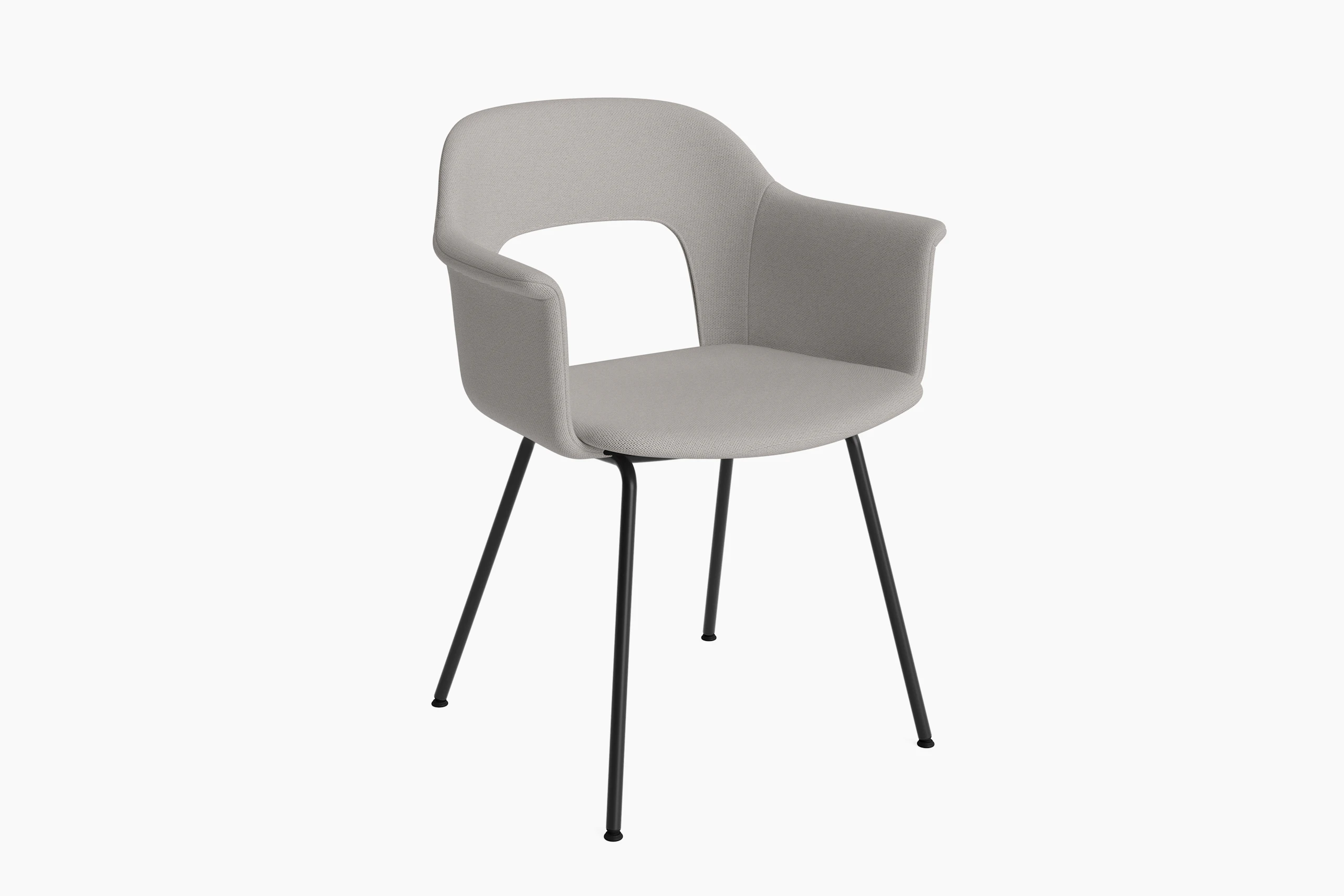 Layout Armchair 214 fully upholstered in taupe on black tube base, angled view on white background.