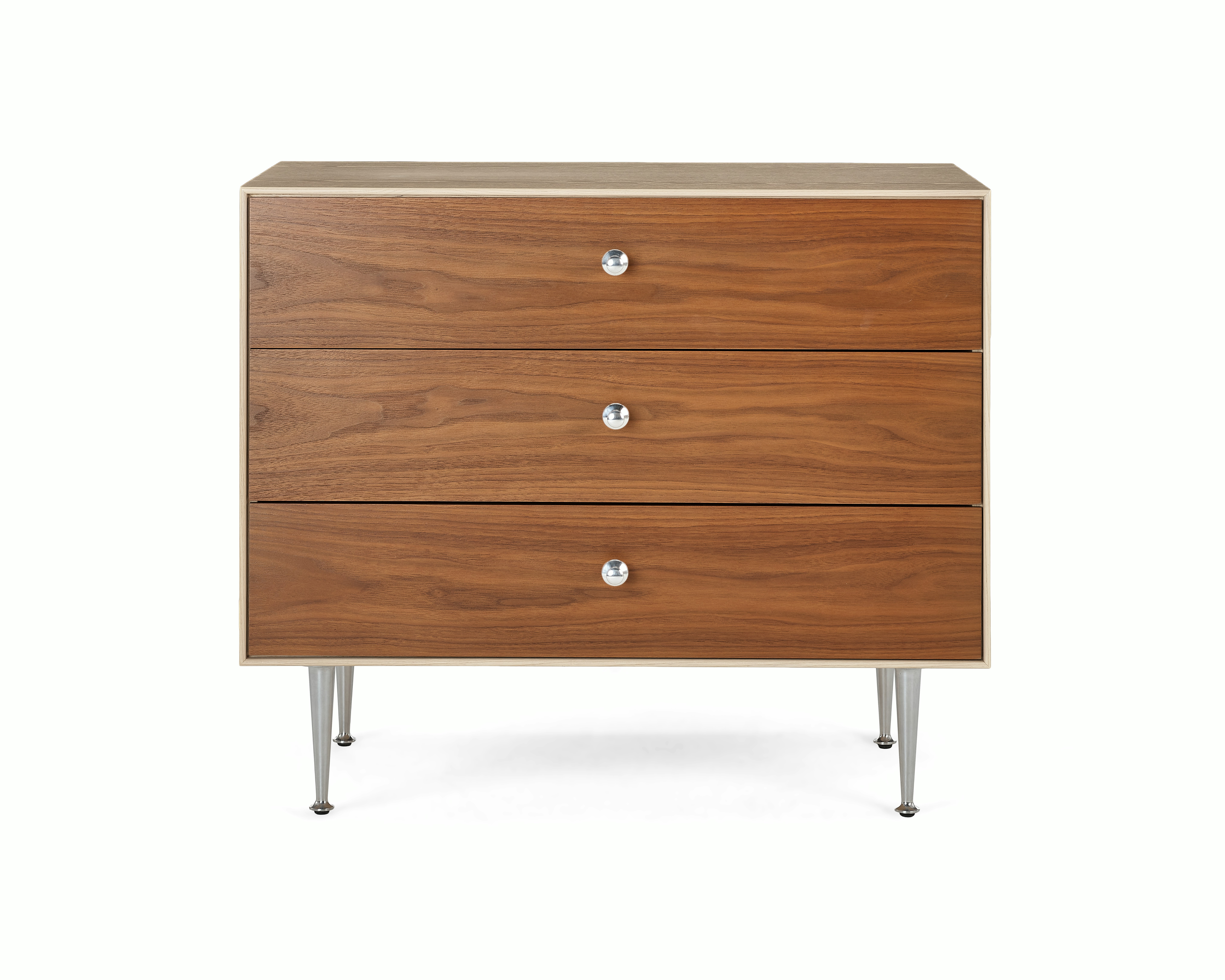 A Nelson Thin Edge 3-Drawer Chest in walnut silver viewed from the front.