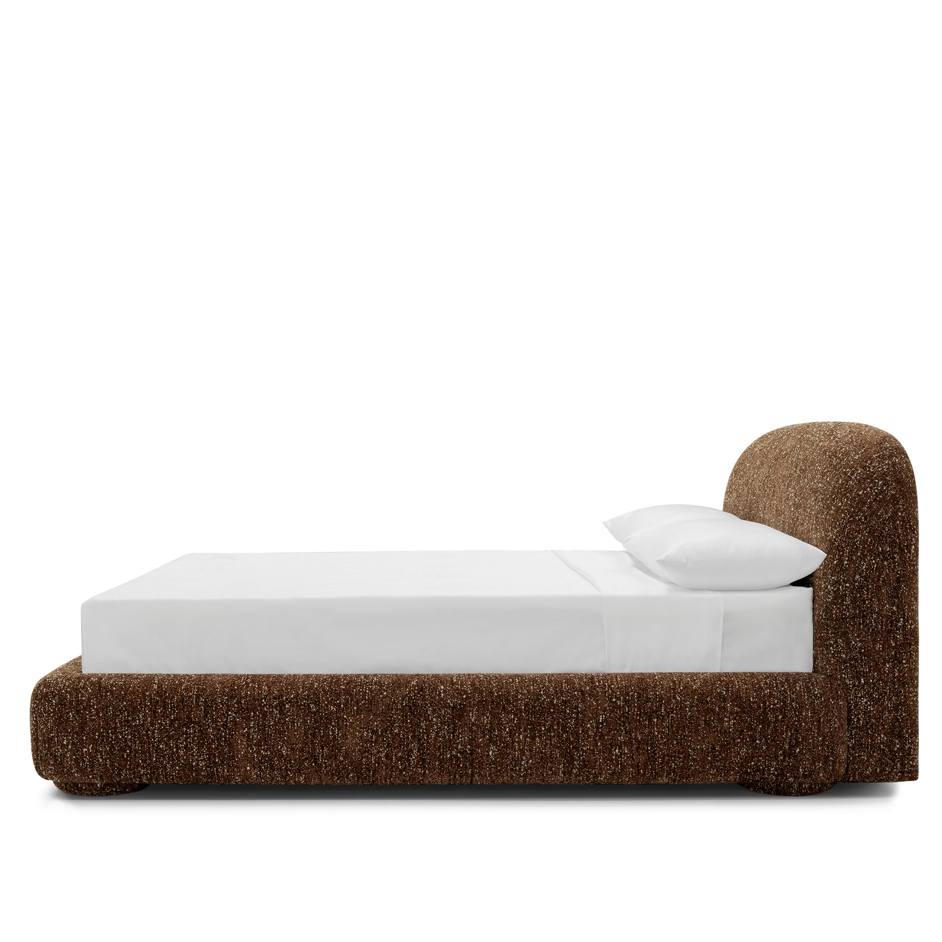 A Lull Bed in Cinnamon viewed from the side.