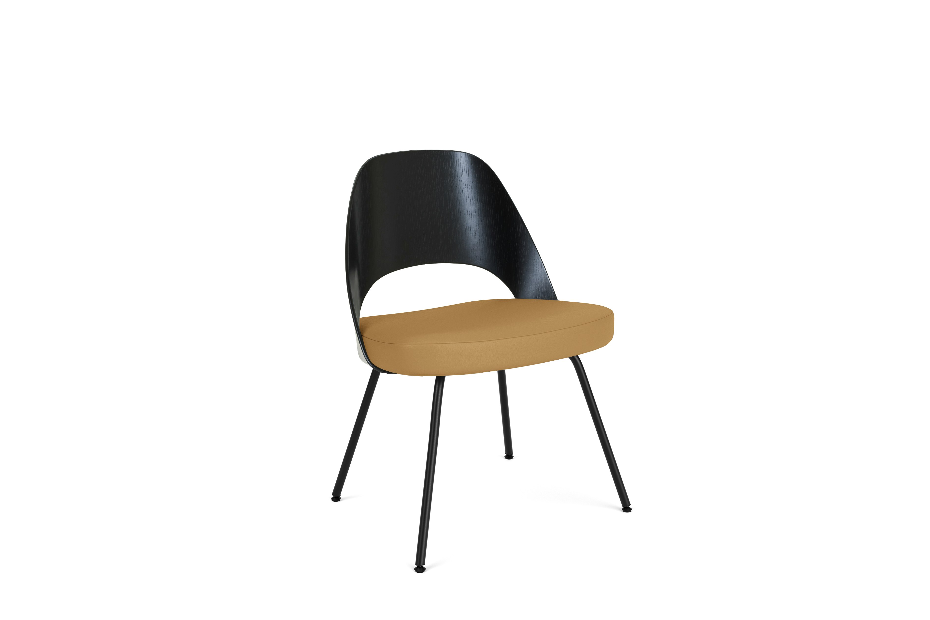 A Saarinen Executive Veneer Back Side Chair Metal Legs in Ebonized Walnut, Acqua Leather, Botany Bay, Black Metal viewed from an angle.