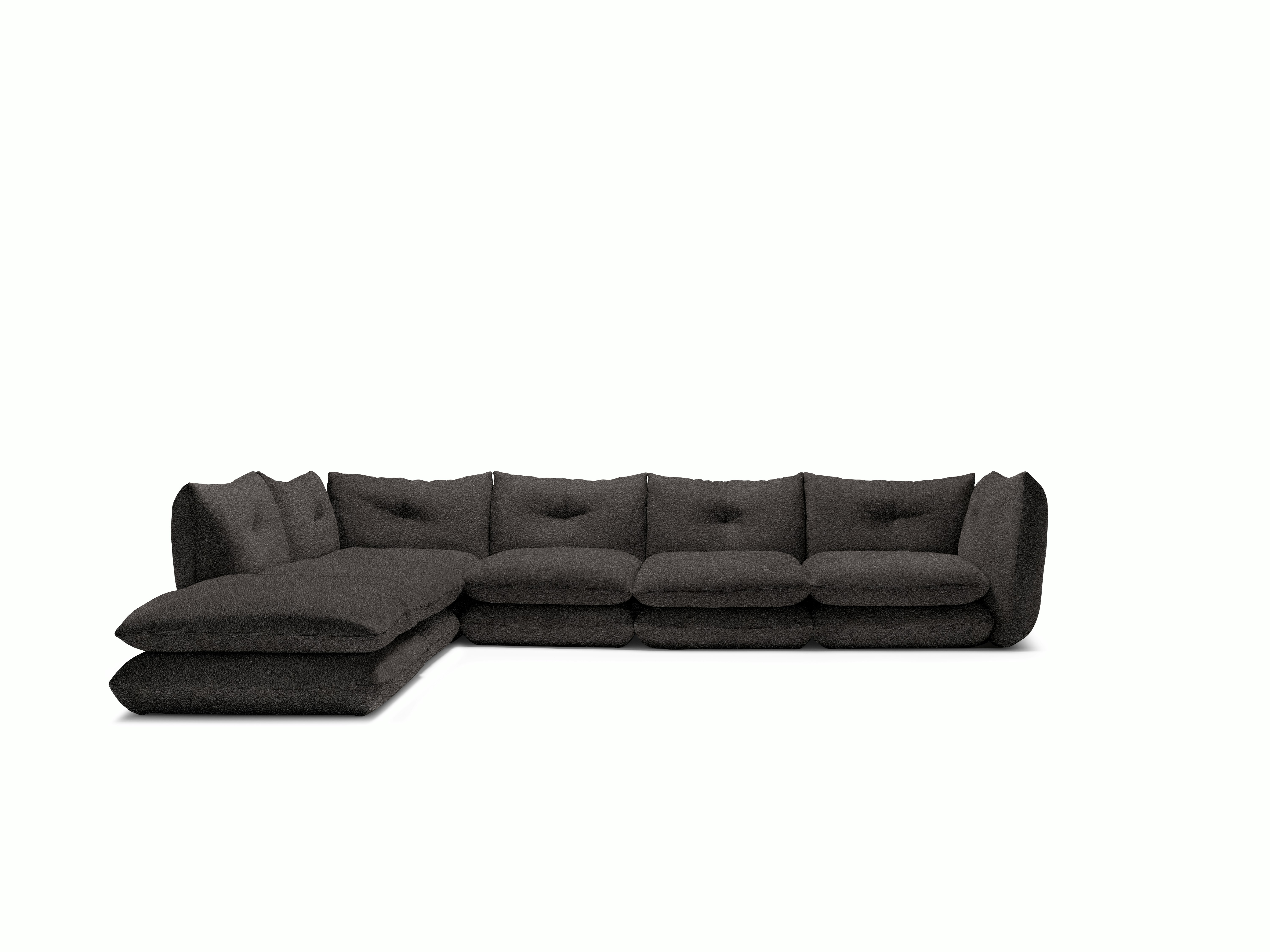Pillo Sectional -  Left,  Five Seater with Ottoman,  Deep,  Curly,  Dark Grey