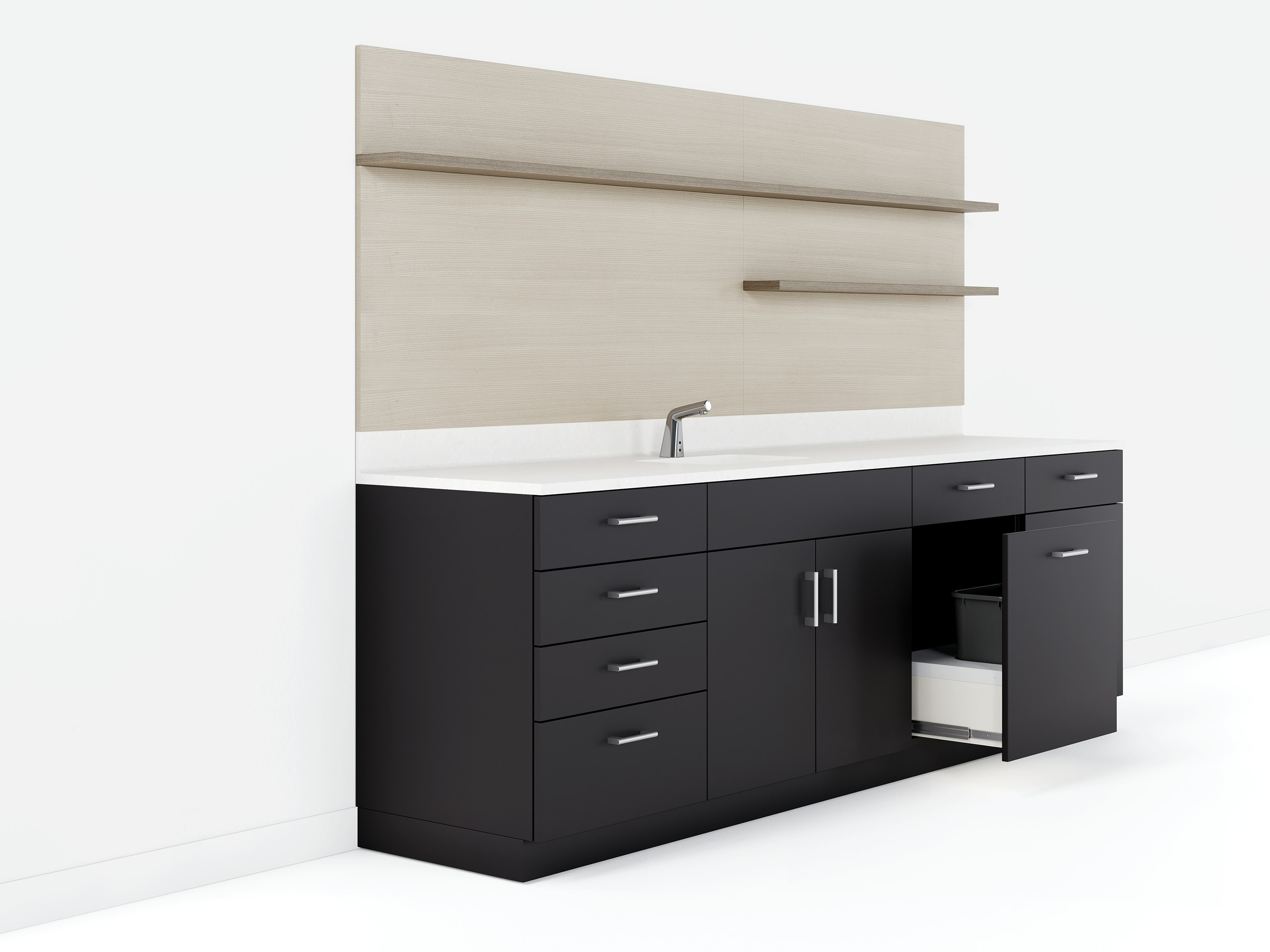 Mora System with open shelving and trash and recycle drawer.