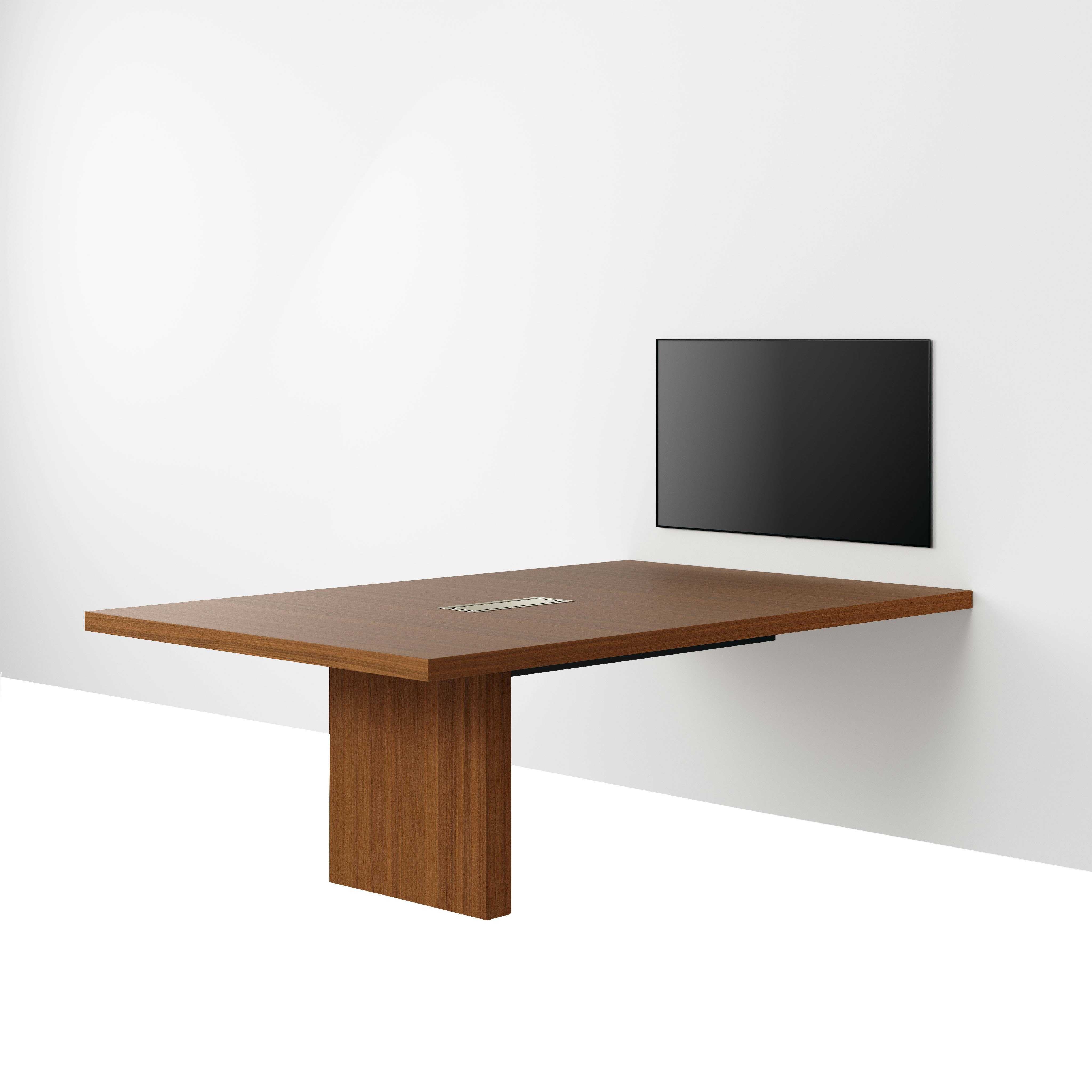 JD Media Table in Natural Quarter Cut Walnut with a 2 inch thick top viewed from a 45 degree angle. 