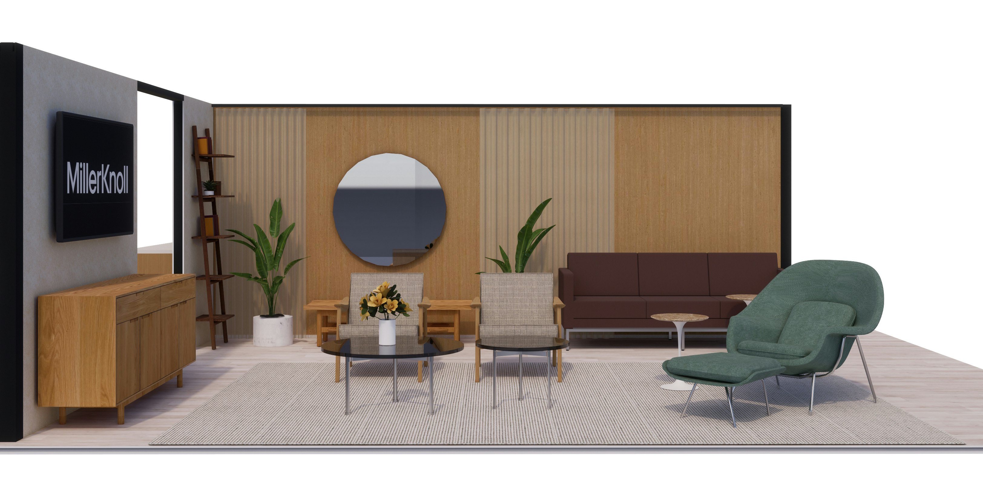 Boutique waiting area furnished with a green Knoll Womb Chair, Herman Miller Aspen Lounge Chairs, and Saarinen Side Tables.