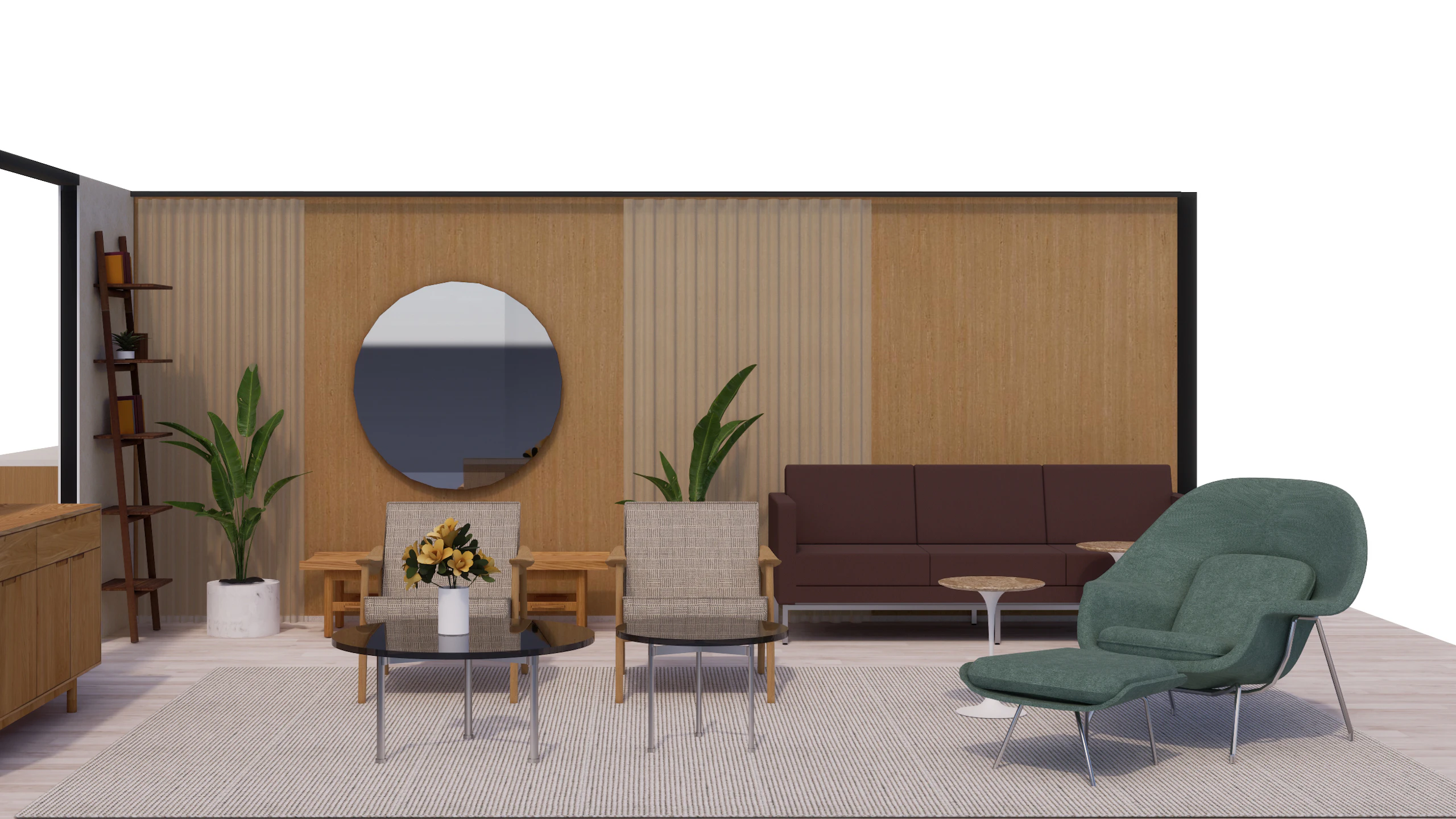 Boutique waiting area furnished with a green Knoll Womb Chair, Herman Miller Aspen Lounge Chairs, and Saarinen Side Tables.