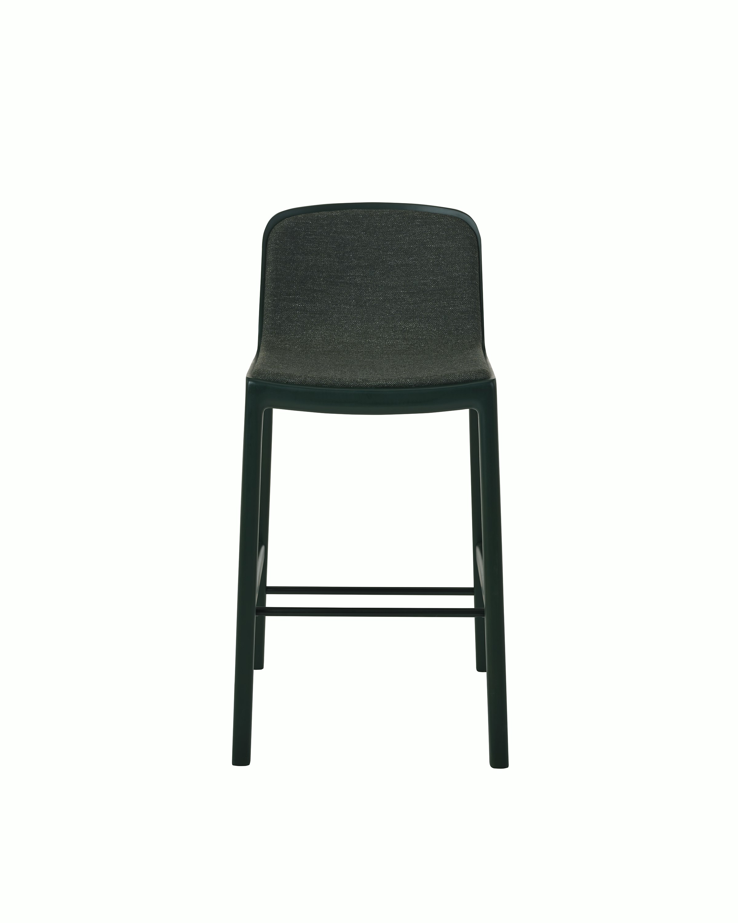 Lijn Stool by Carole Baijings for Geiger in Ivy frame upholstered with Bellano in Black Green, front view on a white sweep.