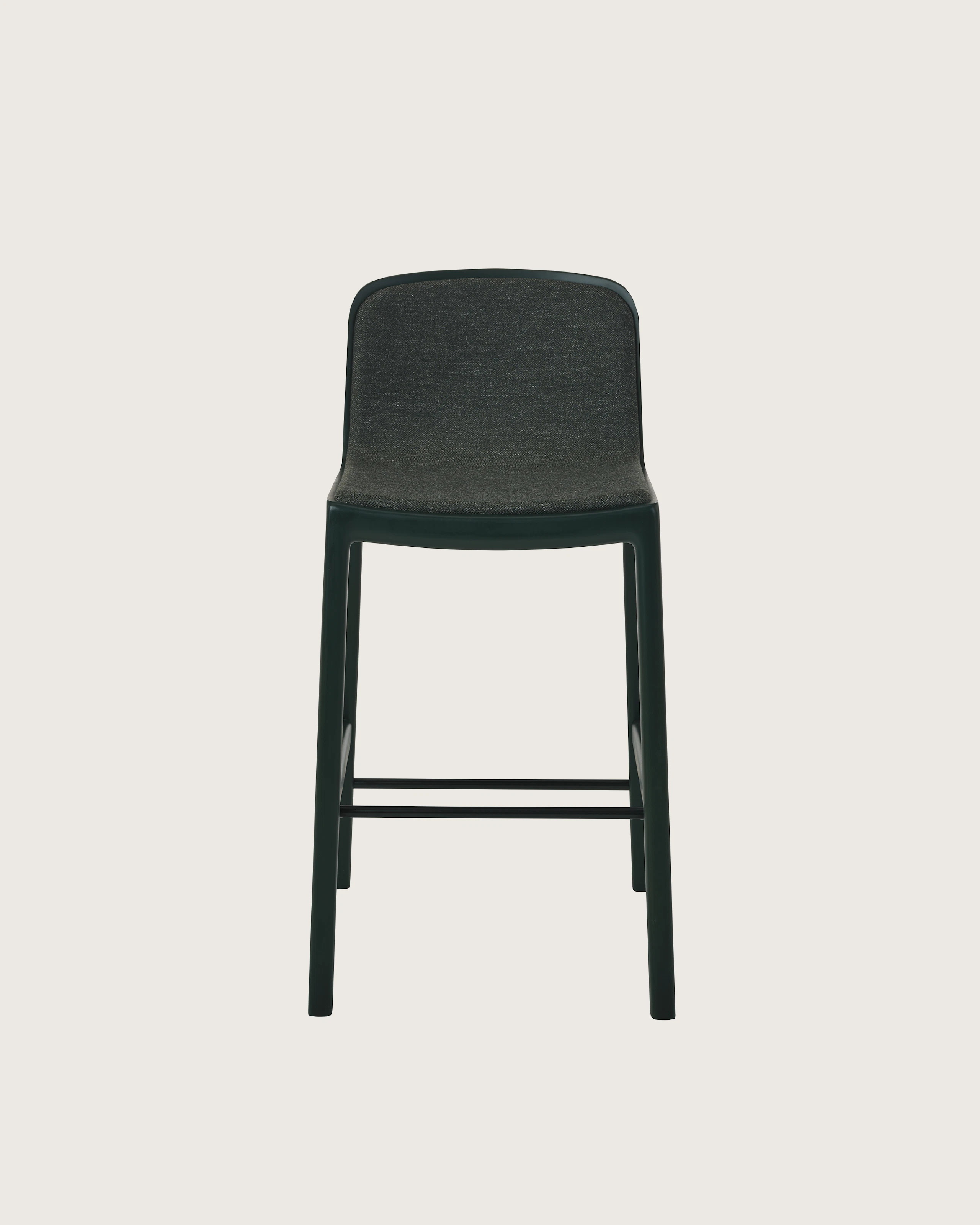 Lijn Stool by Carole Baijings for Geiger in Ivy frame upholstered with Bellano in Black Green, front view on a white sweep.