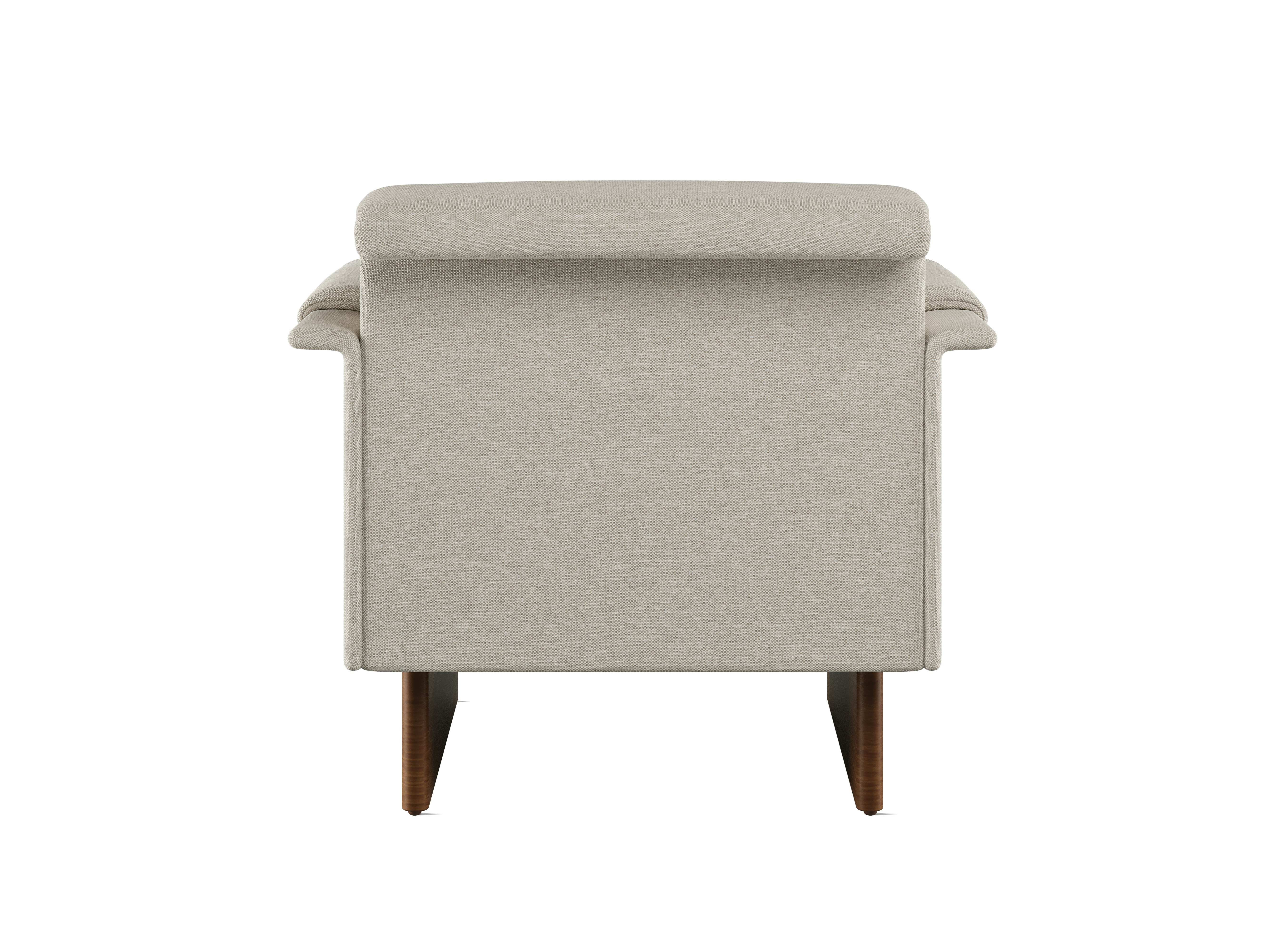 Mantle Club Chair in Capri Stone with Walnut Wood Base, back view.