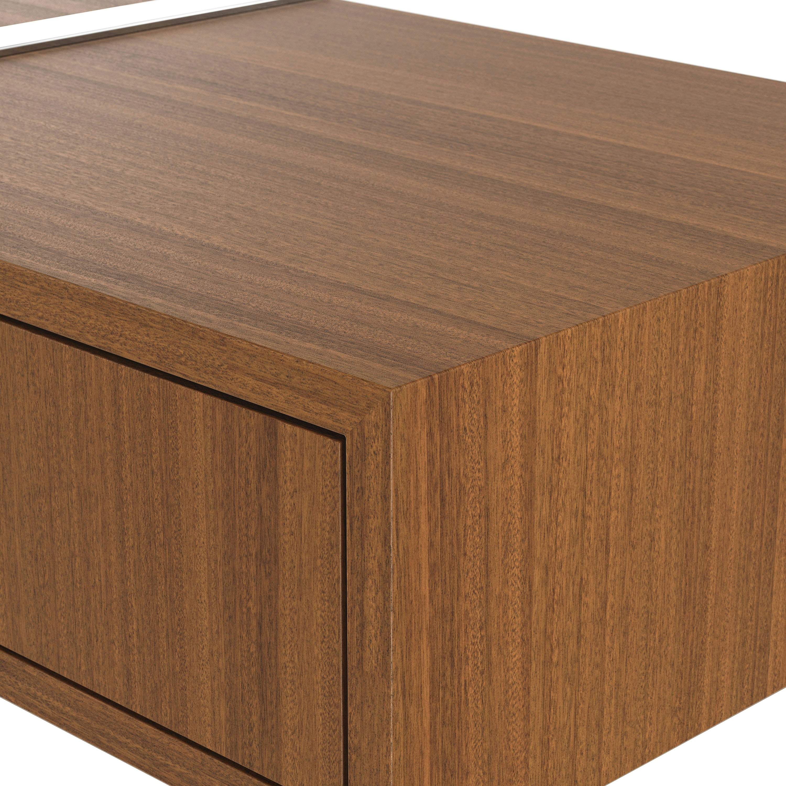 Edge detail shot of Highline Credenza in Natural Quarter Cut Walnut with Polished Chrome legs.