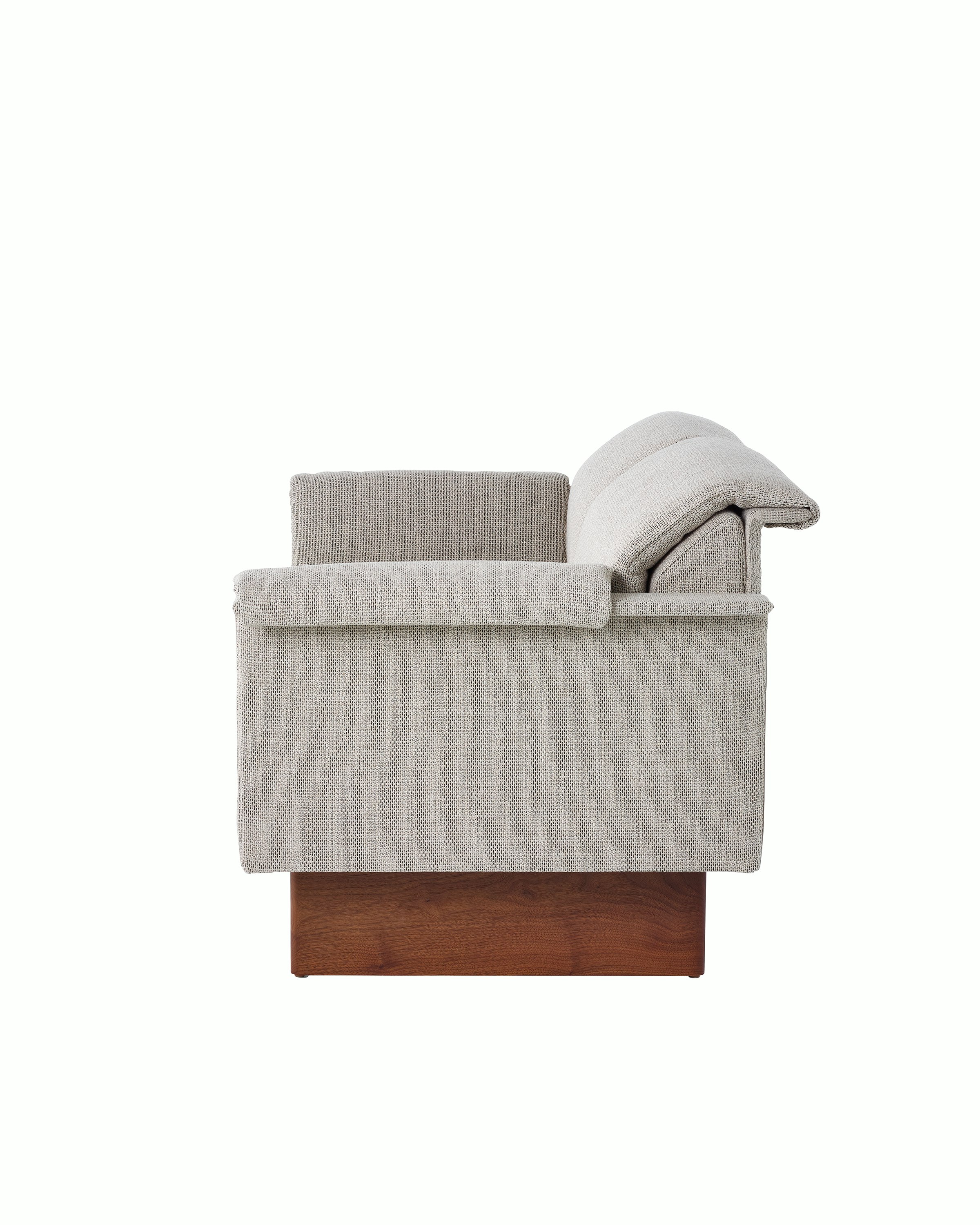 Mantle Two Seater Sofa in Capri Stone with Walnut Wood Base, side view.
