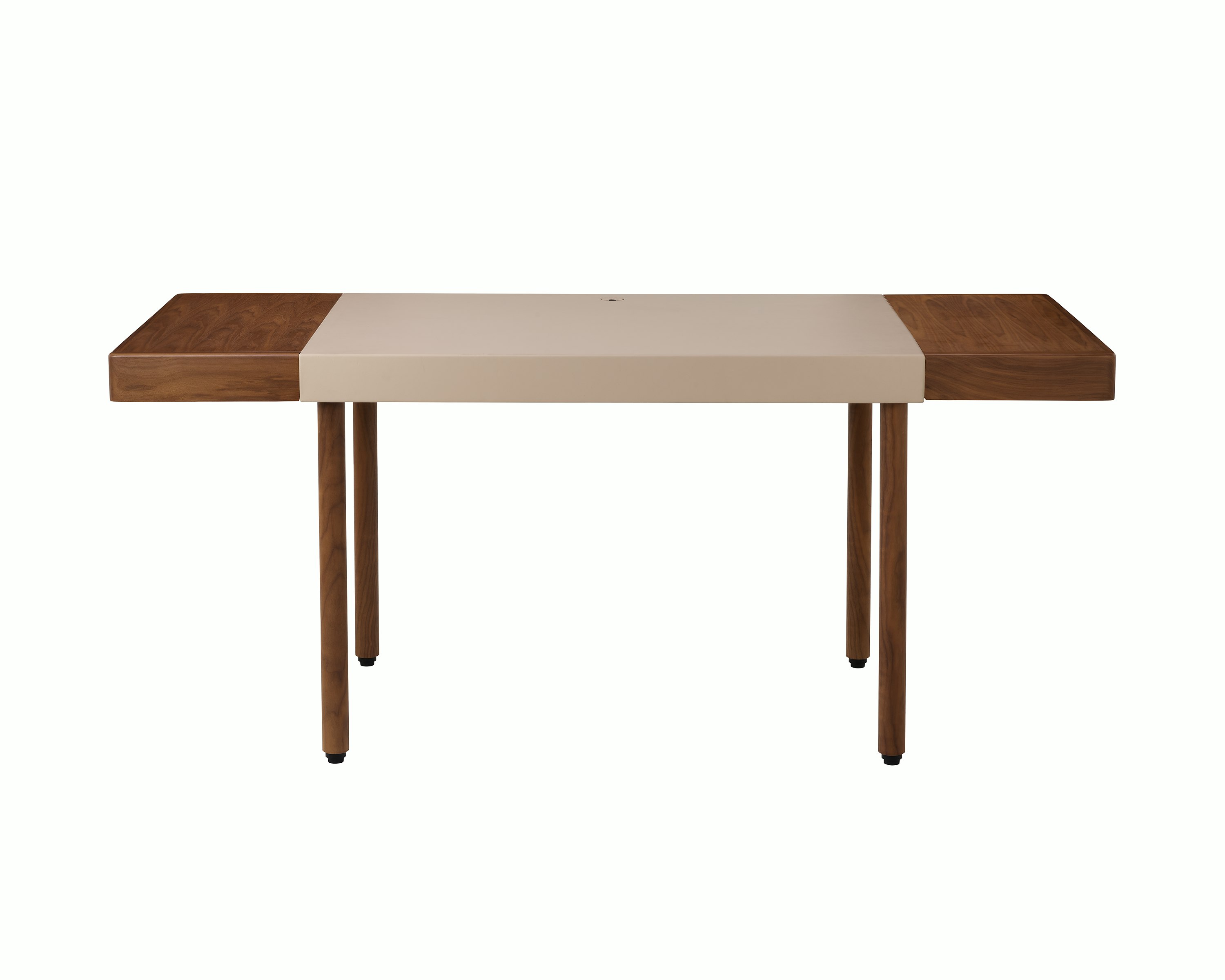 New Canaan Height-Adjustable Desk in Walnut and Champagne Leather, two drawers, front view.