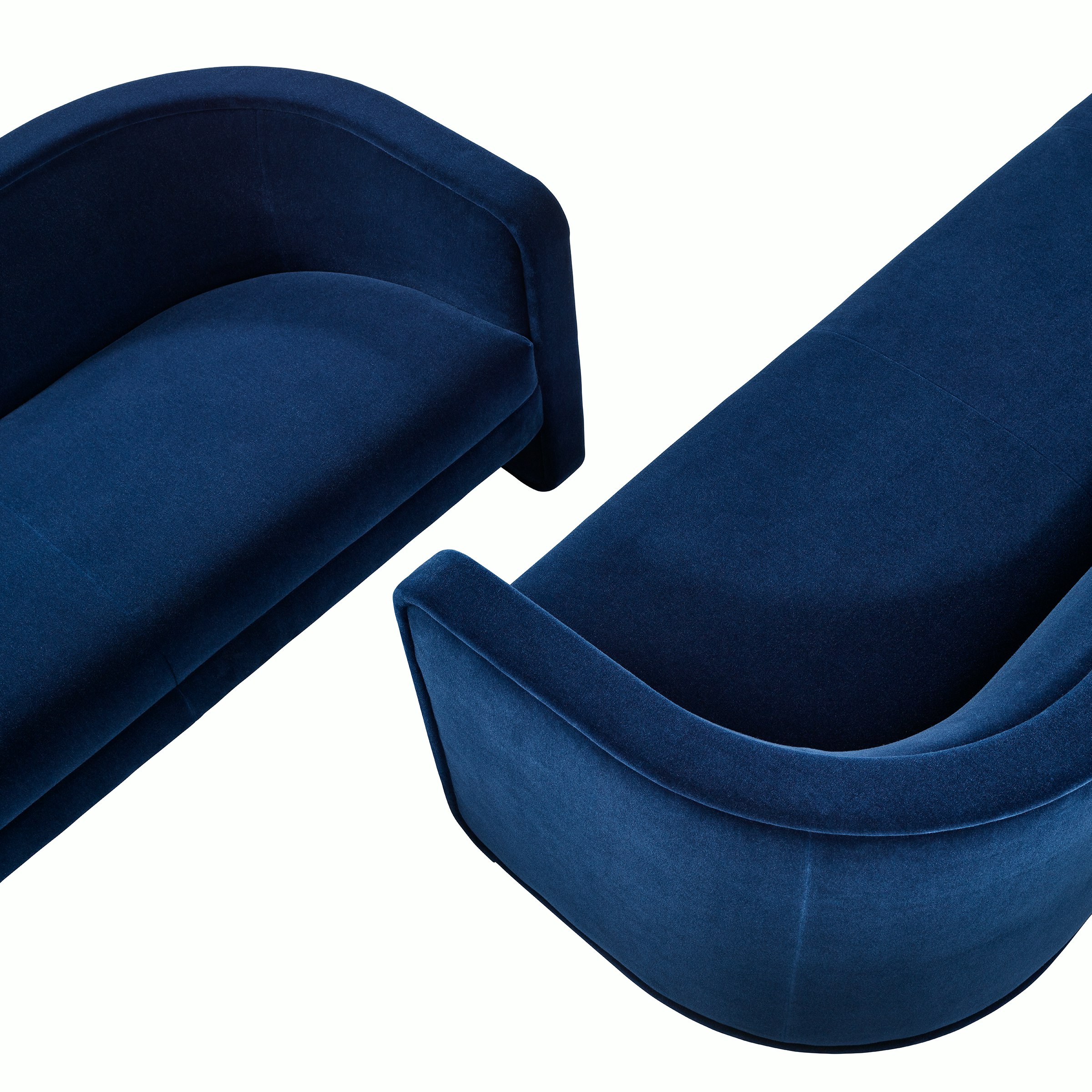 Pair of U-Series Settees upholstered in Maharam Mohair Supreme League.