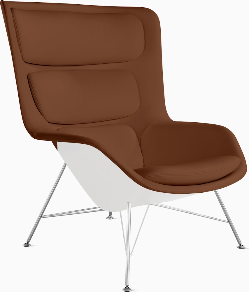 Striad Lounge Chair in High Back,  Wire Base Trivalent Chrome,  Prone Leather,  Ledge with White Shell