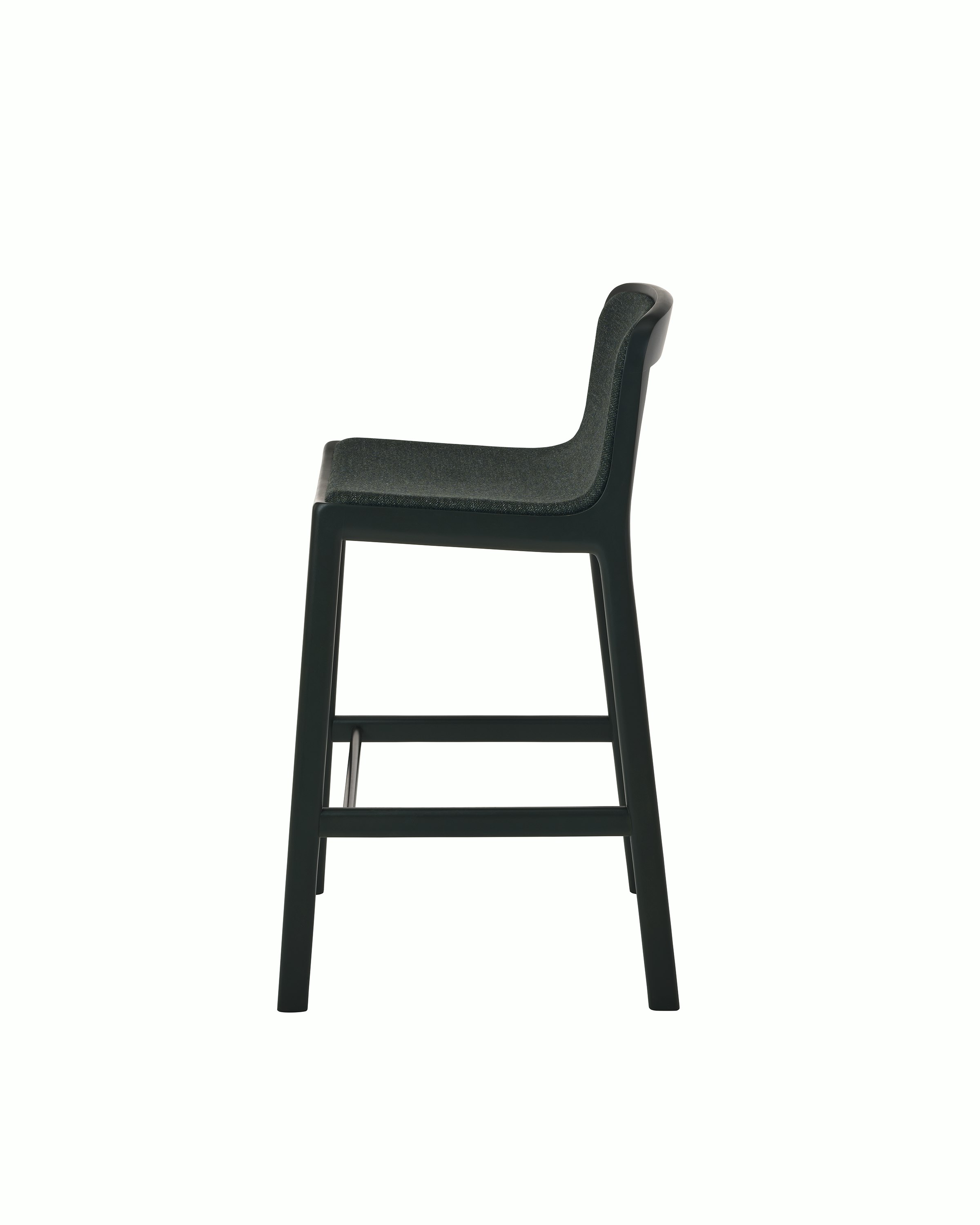 Lijn Stool by Carole Baijings for Geiger in Ivy frame upholstered with Bellano in Black Green, side view on a white sweep.