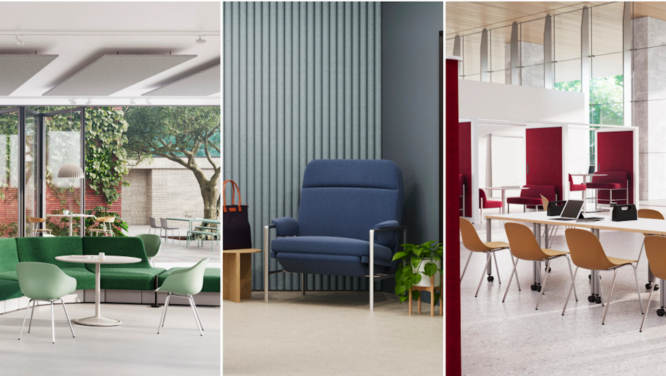 Collage showcasing diverse, modern spaces: a green lounge area, a blue armchair in a quiet corner, and a collaborative workspace with long table and dividers.