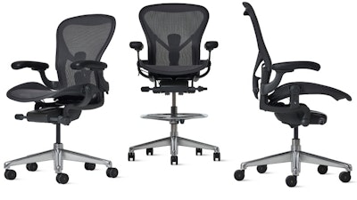 A front three quarter view, front view, and side view of black Aeron ESD Chairs and Stools by Herman Miller